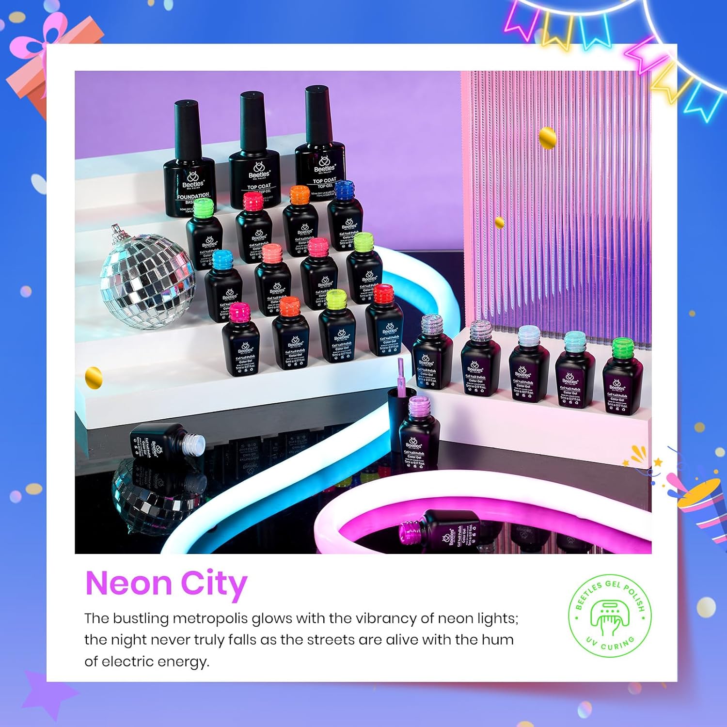 Beetles 20 Color Neon Gel Polish Kit with 3 Base and Top Coats for UV Manicure - Image 3