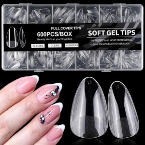 AddFavor Short Almond Nail Tips, 600pcs Soft Gel Nail Tips x Almond Clear Fake Nails Full Cover Acrylic False Nail Tips 12 Sizes for Nail Extension, Gel Nail, Press on Nails Making
