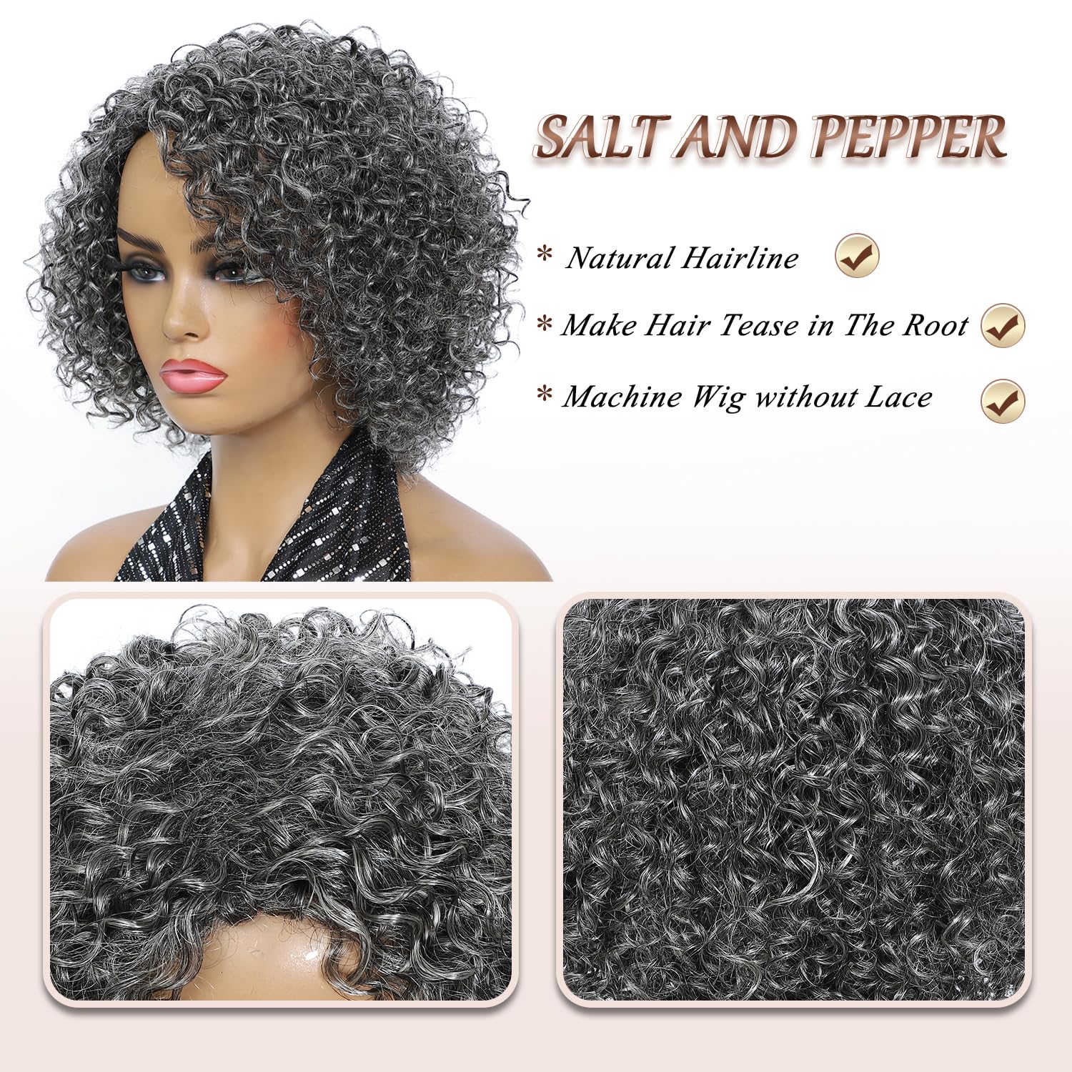 HUA Grey Wig for Women Human Hair Glueless Kinky Curly Salt and Pepper Wigs for Black Women Short Curly Wear and Go Glueless Wig for Old Lady Non-Lace Bob Gray Wigs Human Hair Mixed - Image 4