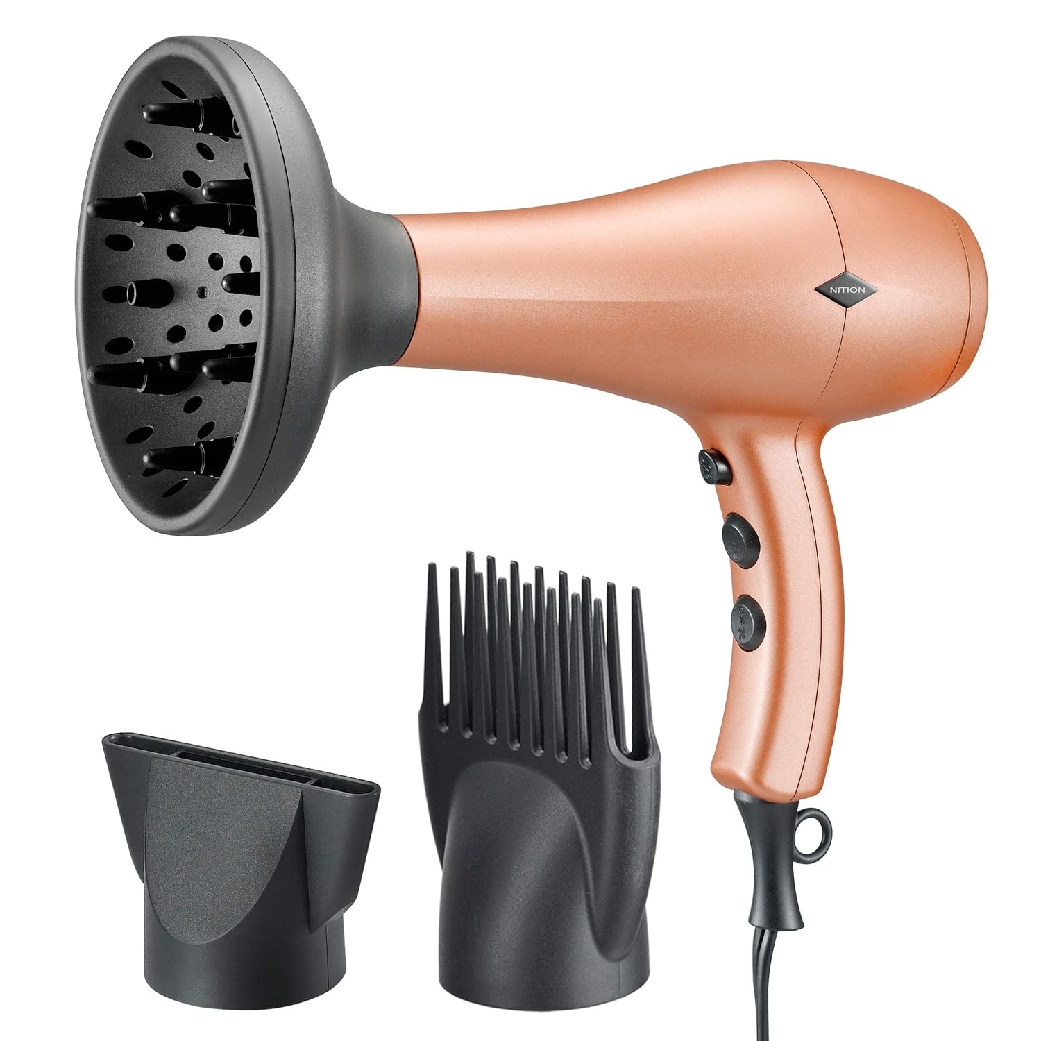 NITION Negative Ions Ceramic Hair Dryer with Diffuser(Large Size 5.3 inch) Attachment Ionic Blow Dryer Quick Drying,1875 Watt 2 Speed / 3 Heat Settings,Cool Shot Button,Lightweight,Gold