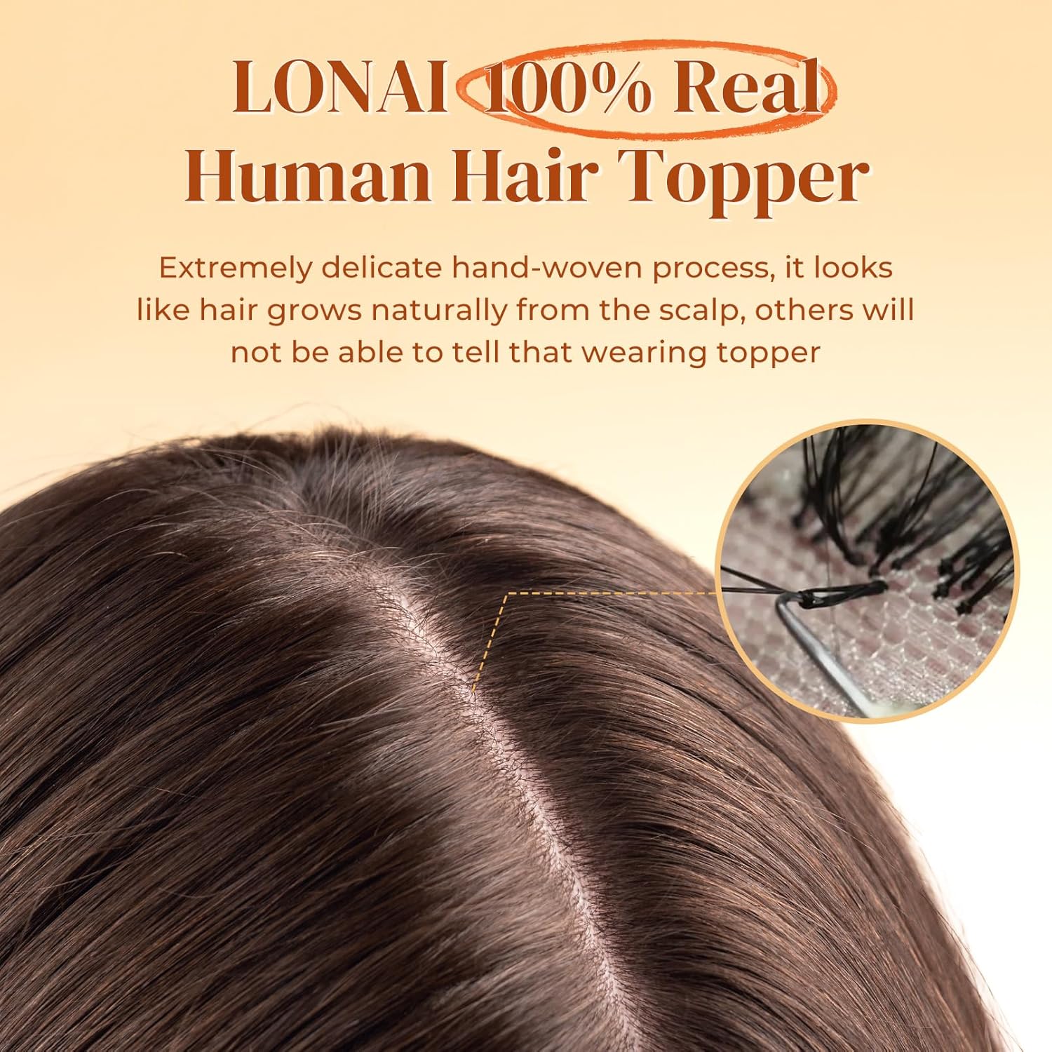 LONAI Real Human Hair Topper, 10 Inch 100% Human Hair Toppers for Thinning Hair, Large Hand-woven area Coverage Natural Hairpiece Wiglet for Women Daily 5"x3.5" Silk Base-Medium Brown with Blonde - Image 3