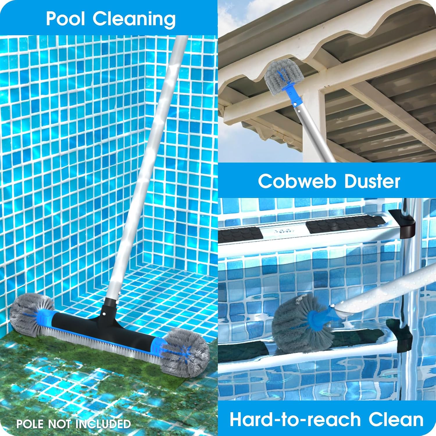 20'' 2 in 1 Pool Brush Head Cobweb Duster Heavy Duty Pool Cleaning Detachable Round Brush with EZ Clip & Wavy Nylon Bristles for Inground Pool & Above-Ground Pool (Without Pole) - Image 2