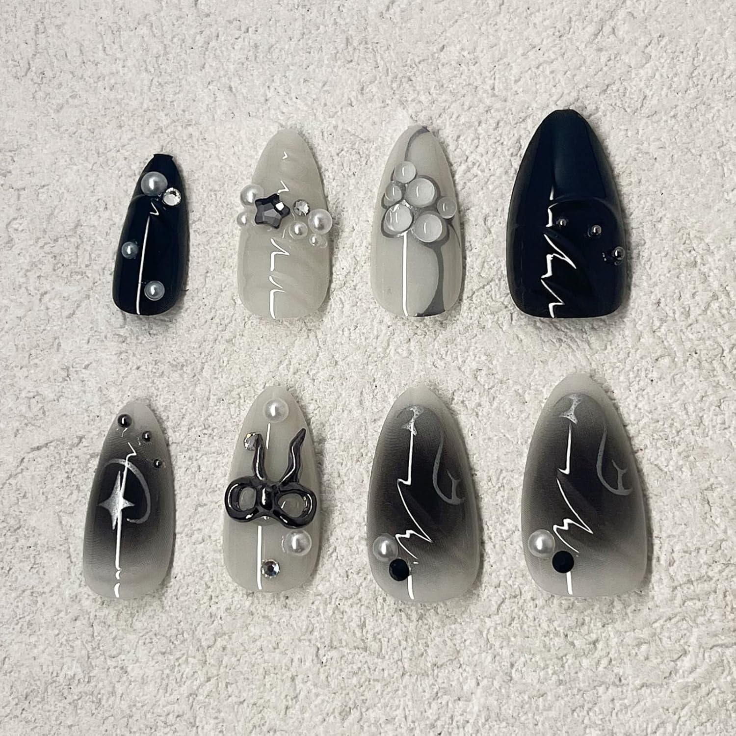 Black Press on Nails Medium Almond Fake Nails with 3D Bow Pearl Designs Glossy Black Gradient False Nails Y2K Silver Star Water Drops Full Cover Acrylic Nails Stick on Nails for Women 24Pcs - Image 4
