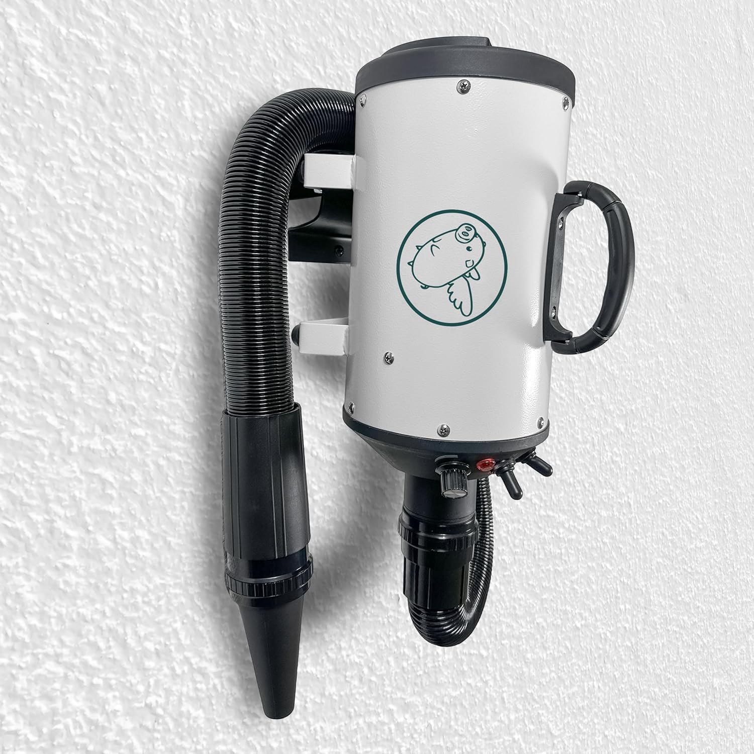 Flying Pig High Velocity Dog Pet WallMount Grooming Dryer w/Heater (White w/Teal Logo)