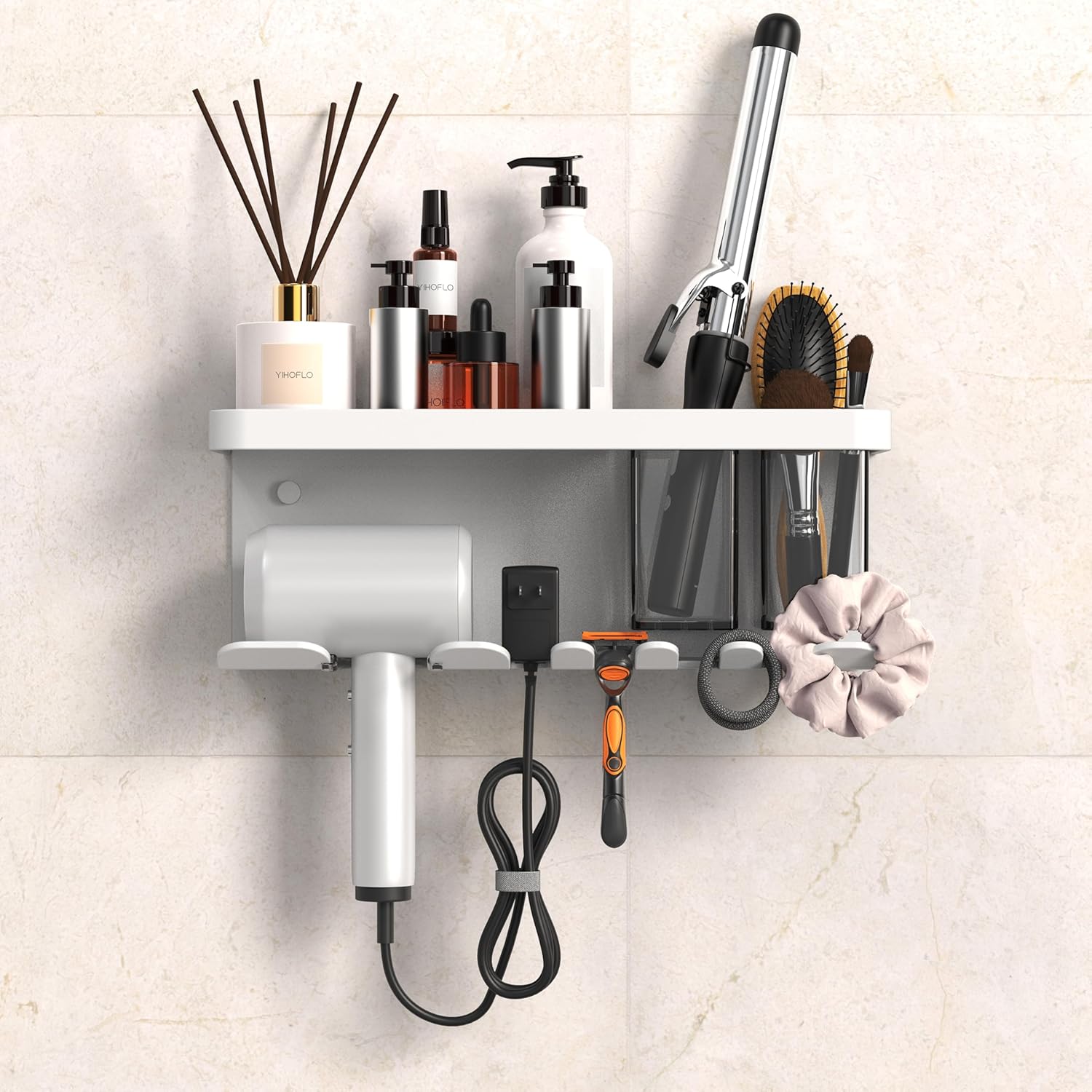Hair Dryer Holder Wall Mounted Adhesive/Drilling, Storage Organizer With Shelf & Hooks, Rack for Bathroom, Blow Dryer Holder, Tool Organizer (White) - Image 9