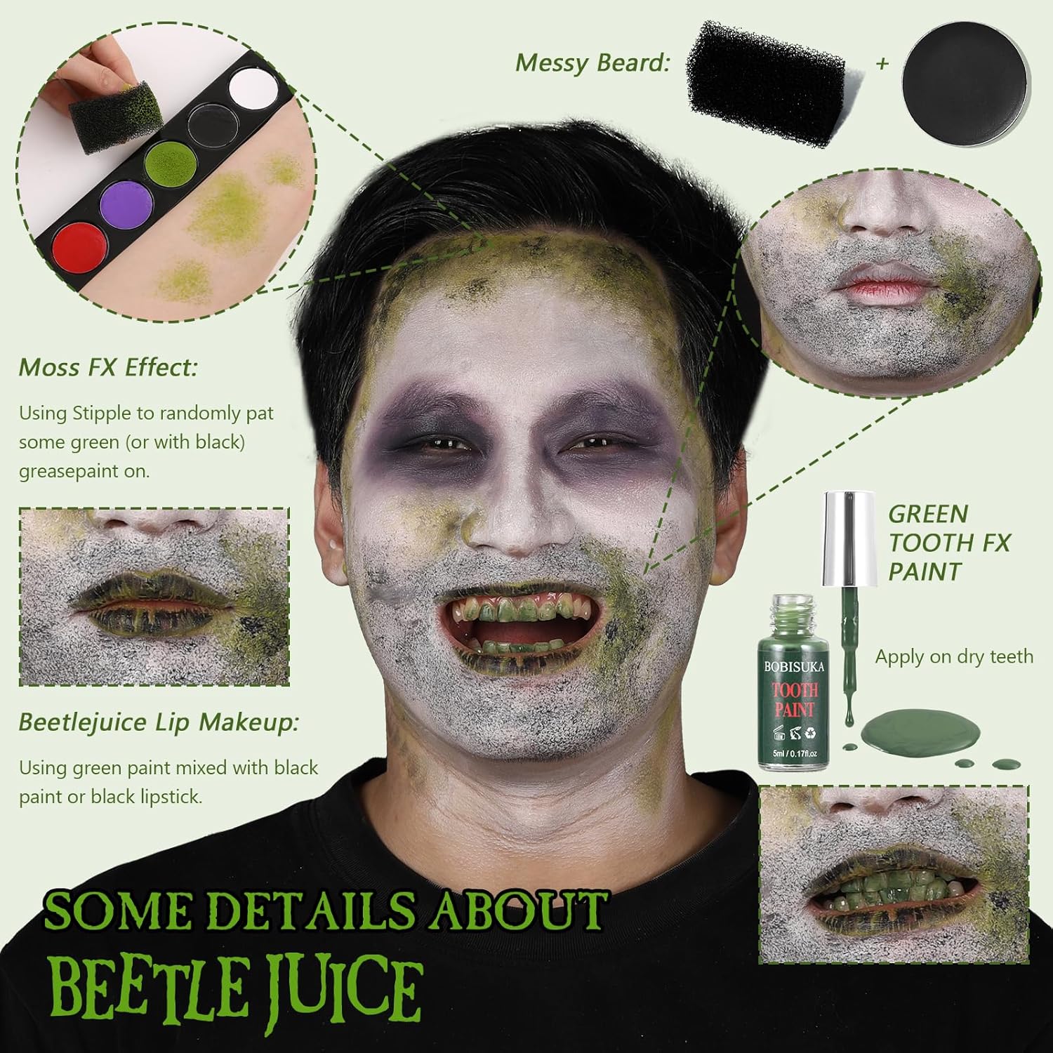 Halloween Beetle-juice Makeup & Frankenstein Makeup Kit, Face Paint SFX Character Set with Black Lipstick & Applicators for Ghost, Zombie, Grinch Special Effects Make Up, Costume Cosplay Party & Stage - Image 5