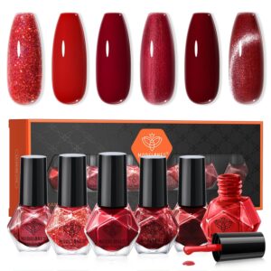 modelones Nail Polish Set, 6 Colors 2025 Summer Classic Apple Red Cat Eye Glitter Mini Quick Dry Nail Lacquer Kit, Ruby Cherry Red Magnetic Sparkle DIY Nail Art Manicure Gift for Women Girls