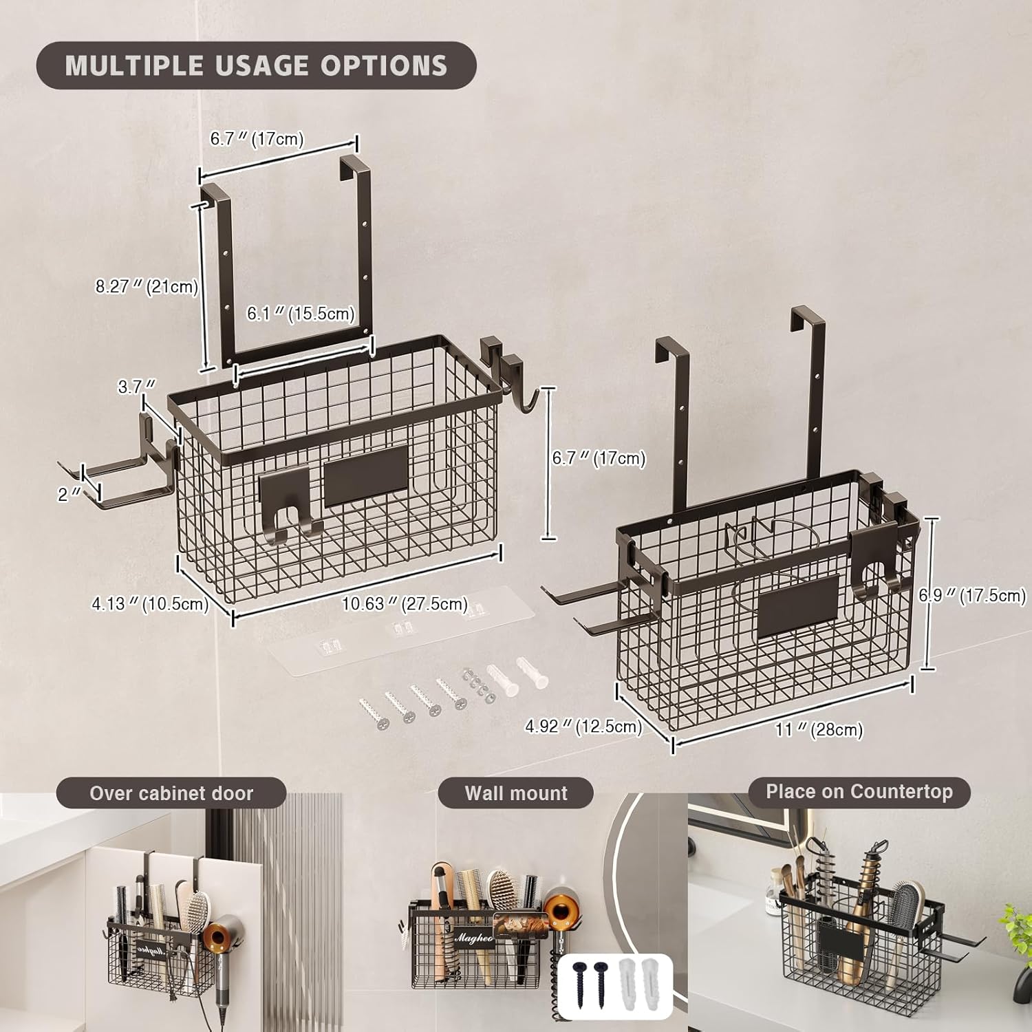 Hair Dryer Holder Cabinet Door 3-in-1 Adhesive Hair Tool Organizer Wall Mounted Adjustable Height Blow Dryer Holder Under Sink Bathroom Hair Appliance Organizer and Storage Countertop(Black) - Image 5