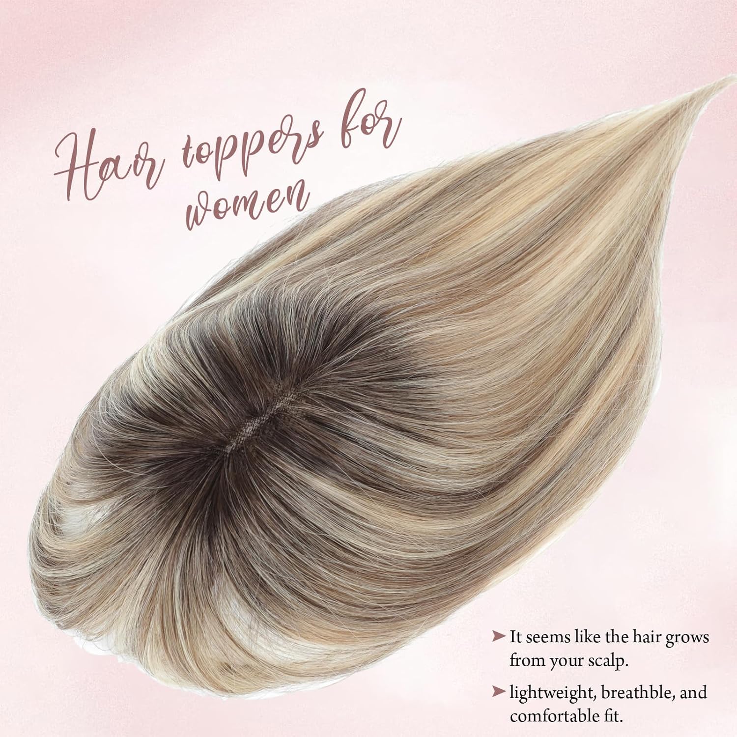Hair Toppers for Women Real Human Hair Toppers for Women with Thinning Hair Pieces with Bangs Top Handmade Swiss Base HairPieces 10Inch (Ombre Light Brown with Blond Highlight) - Image 6
