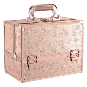 FRENESSA Makeup Case 11.8 Inch Makeup Organizer Case Large Cosmetic Box with Mirror Portable 3 Trays Travel Storage Box for Make Up Artist Nail Tech Kits Cosmetology Case 3D Rose Gold Floral