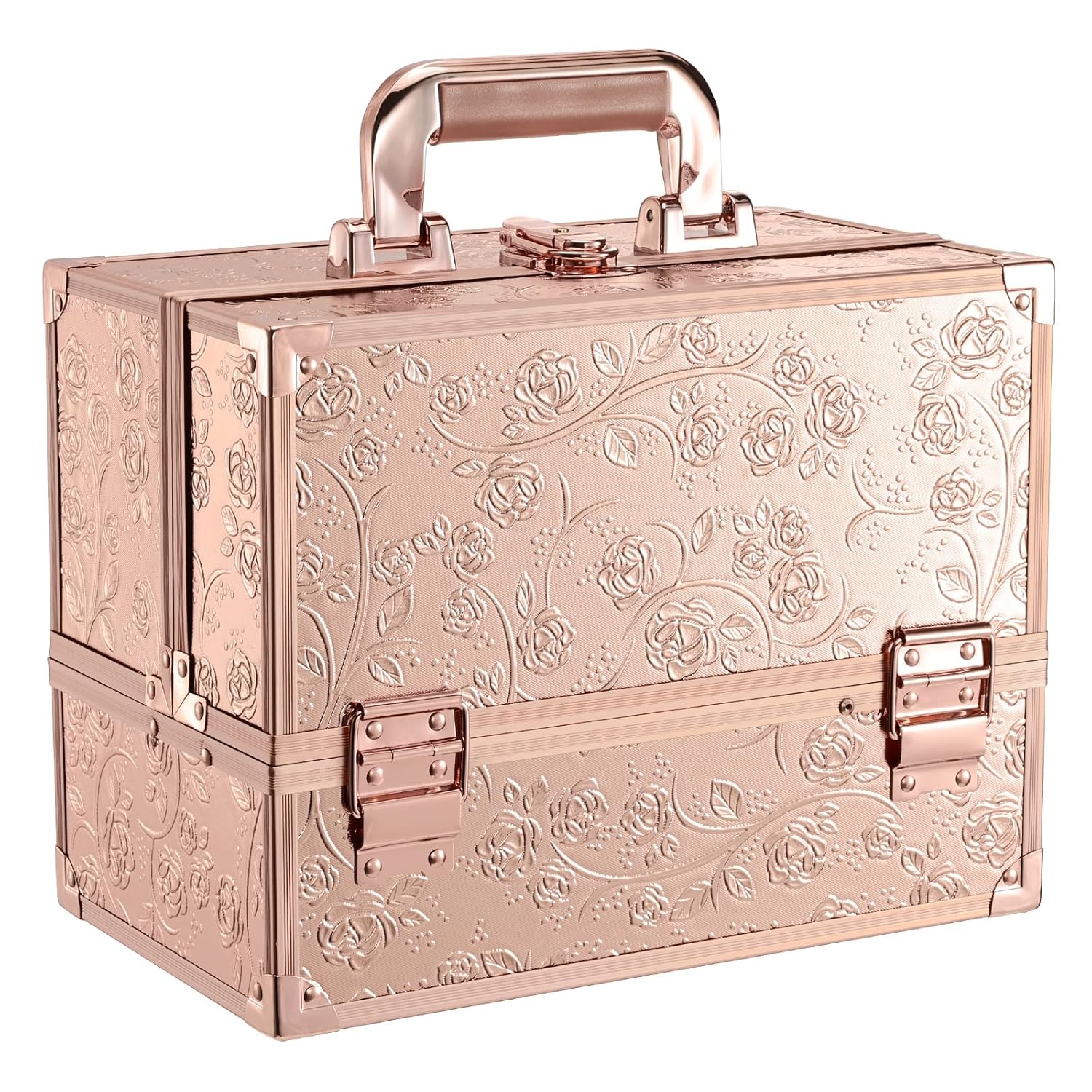FRENESSA Makeup Case 11.8 Inch Makeup Organizer Case Large Cosmetic Box with Mirror Portable 3 Trays Travel Storage Box for Make Up Artist Nail Tech Kits Cosmetology Case 3D Rose Gold Floral