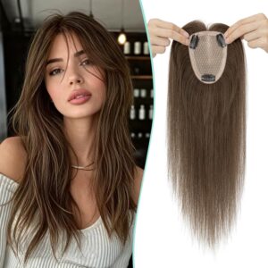 Benehair Human Hair Topper for Women - 9 * 12CM Silk Base, No Bangs, 150% Density, 100% Remy Hair Piece for Thinning Hair - Dark Brown, 12 Inch