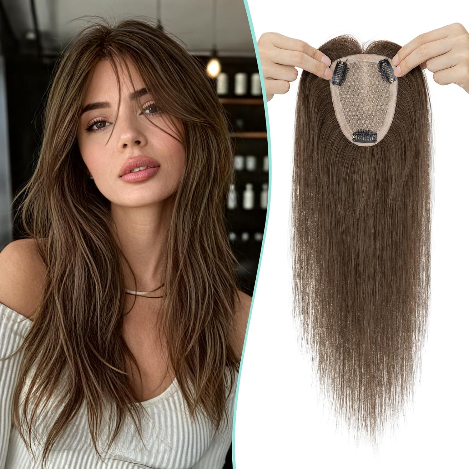 Benehair Human Hair Topper for Women - 9 * 12CM Silk Base, No Bangs, 150% Density, 100% Remy Hair Piece for Thinning Hair - Dark Brown, 12 Inch
