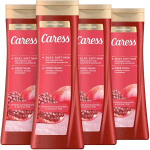 Caress Body Wash for Women, Tahitian Pomegranate & Coconut Milk, Exfoliating Shower Gel for Renewed, Glowing Skin, 20 fl oz, 4 Pack