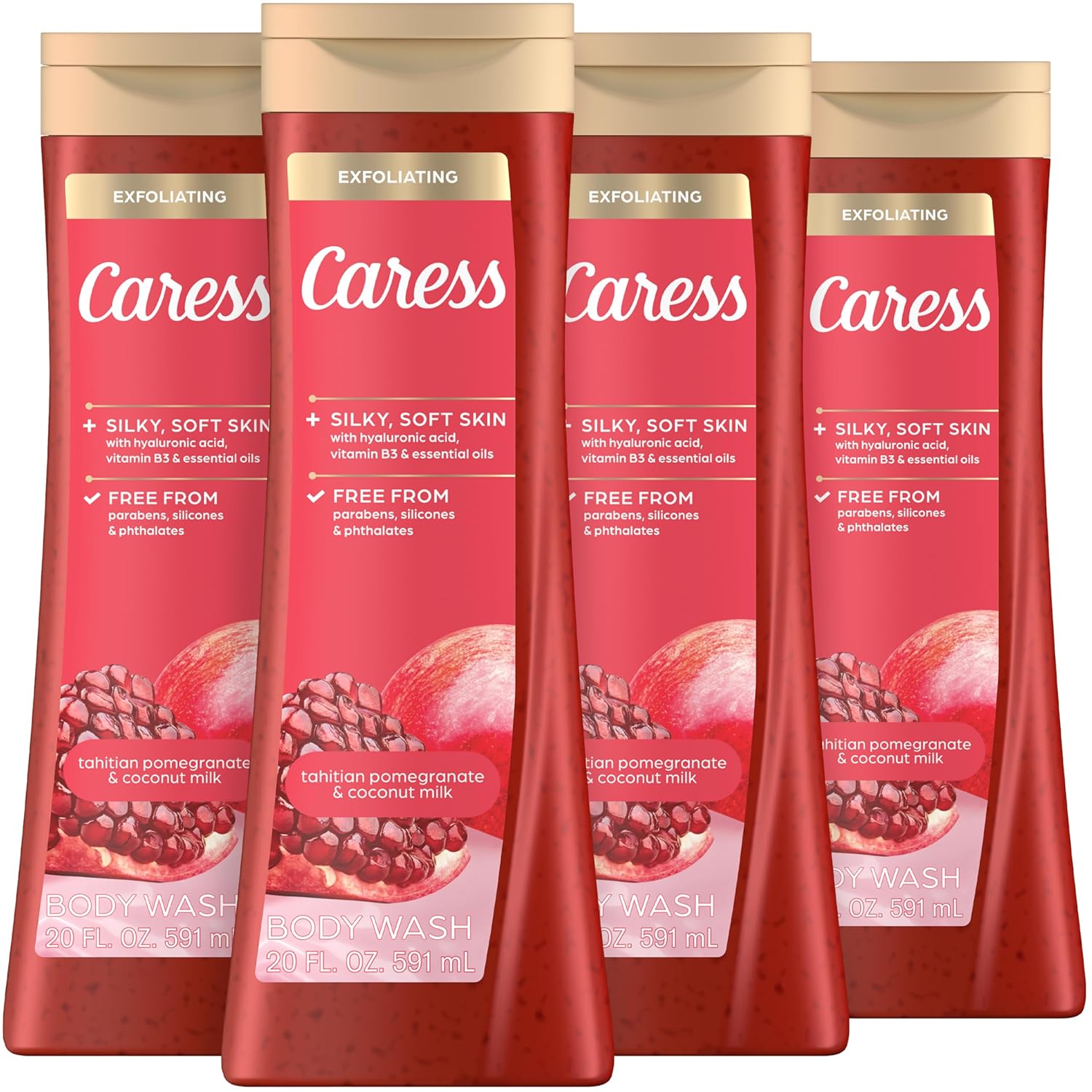 Caress Body Wash for Women, Tahitian Pomegranate & Coconut Milk, Exfoliating Shower Gel for Renewed, Glowing Skin, 20 fl oz, 4 Pack
