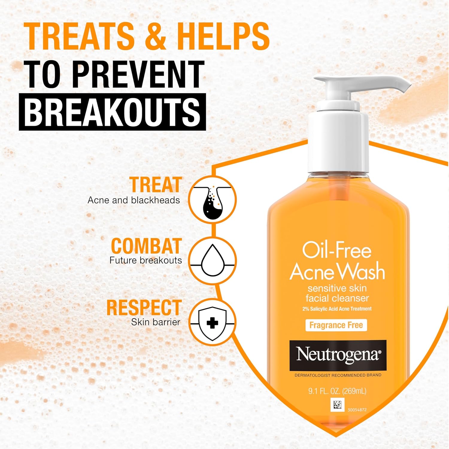 Neutrogena Oil-Free Acne Face Wash, Sensitive Skin Facial Cleanser with 2% Salicylic Acid Acne Treatment, Daily Fragrance Free Face Wash for Acne Prone Skin, 9.1 fl oz - Image 2