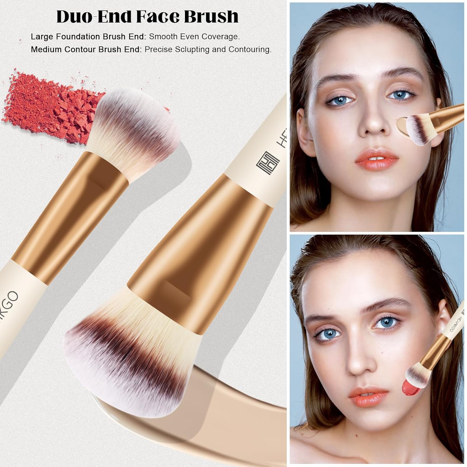 HEYMKGO Makeup Brushes Set, 4Pcs Double-ended Foundation Contour Powder Blush Concealer Eyeshadow Brush Set for Liquid, Cream, Powder for Blending Buffing Professional Face Brush Set Tools(Apricot) - Image 2