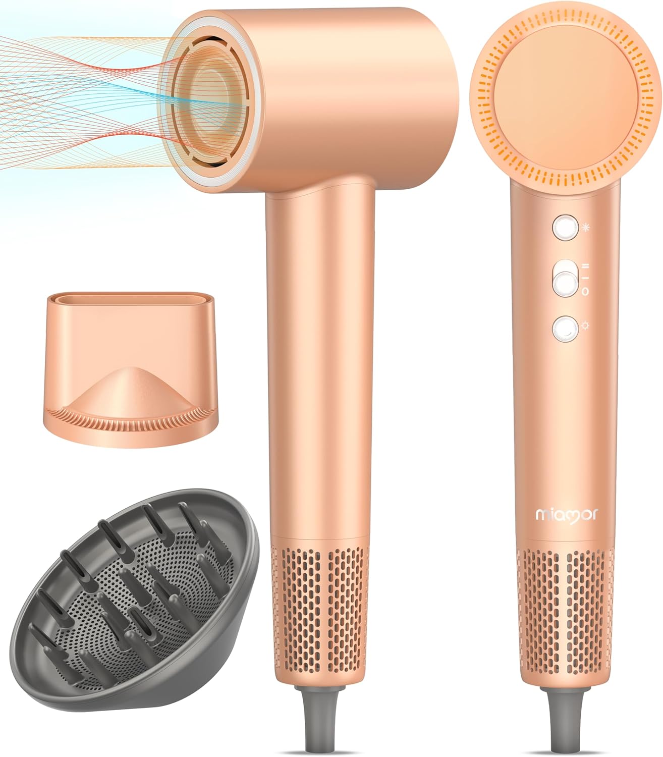 Miamor Professional Ionic Hair Dryer Powerful 1200W Fast Drying Low Noise Blow Dryer Light and Easy for Daily use with Magnetic Suction Nozzle (Peach Fuzz with Diffuser)