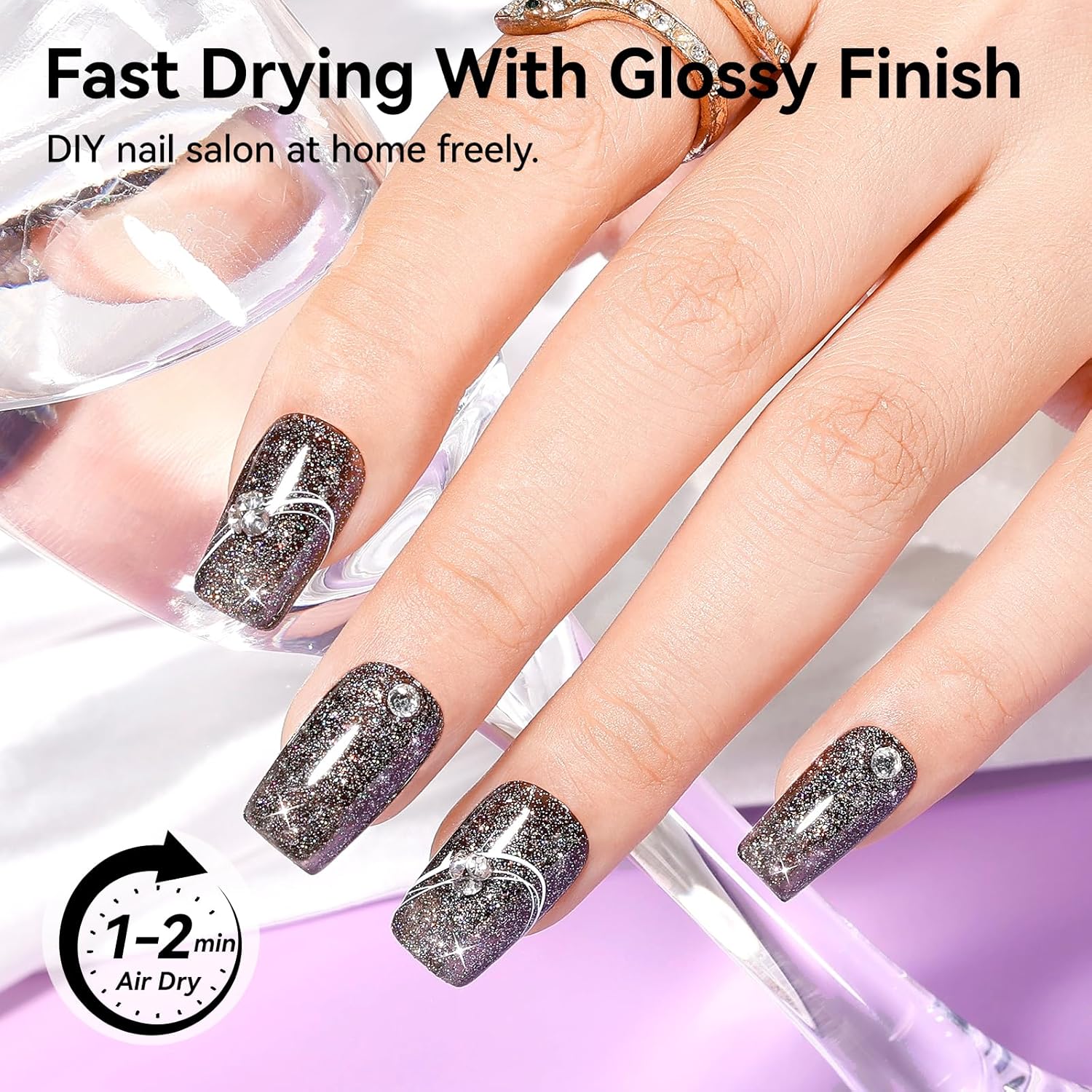 Black Glitter Nail Polish Fast Air Drying Regular Nail Polish Sparkly Shimmer Black Nail Lacquer High Shine Toe Fingernail Polish Nails Art Salon Manicure at Home Gift for Women Girls - Image 3