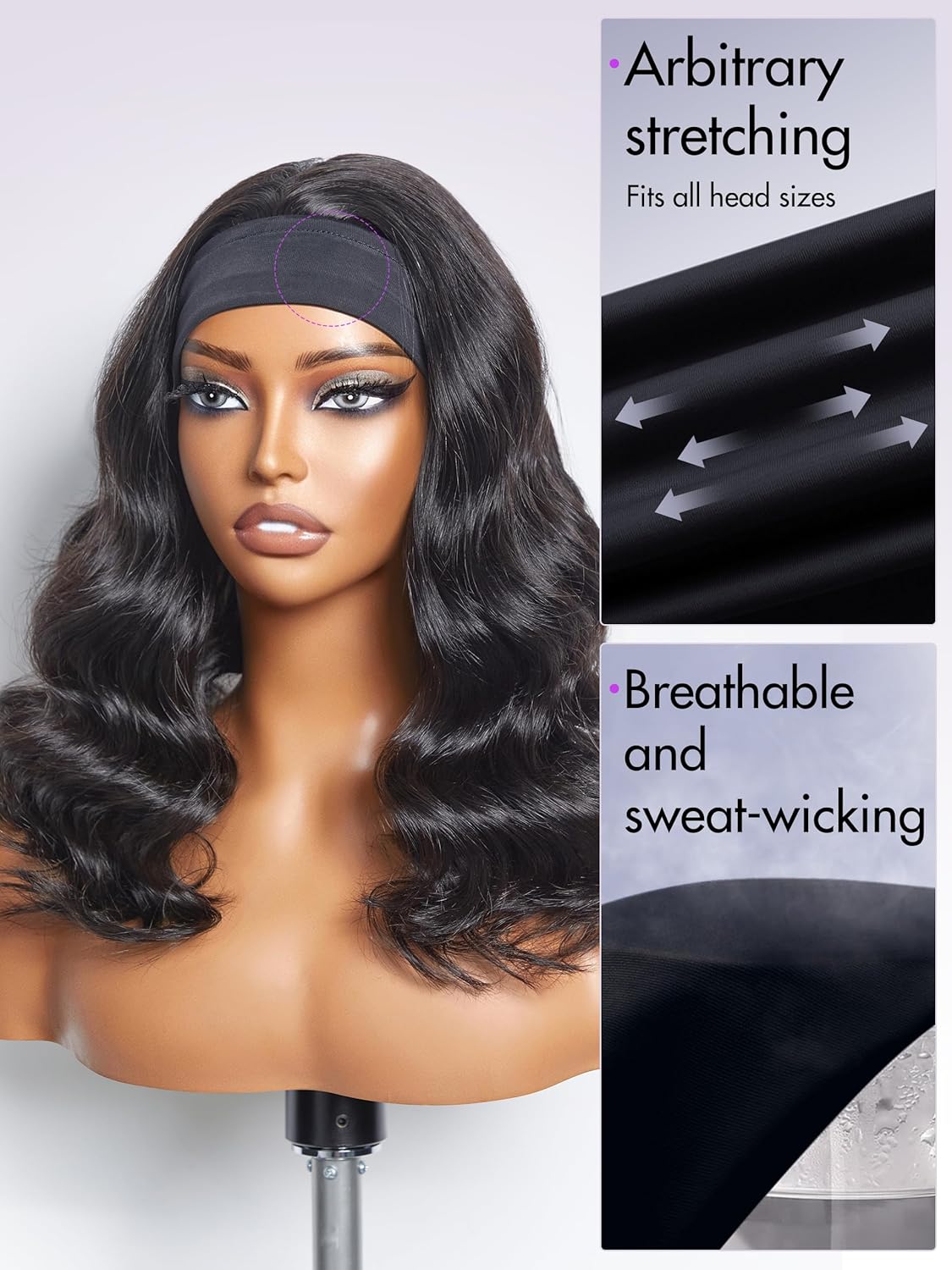 LUVME HAIR Body Wave Human Hair Headband Wig Ready to Go No Lace Glueless Human Hair Wigs with Adjustable Headband Natural Black Long Head Band Wig Beginners Friendly 18 Inch - Image 5