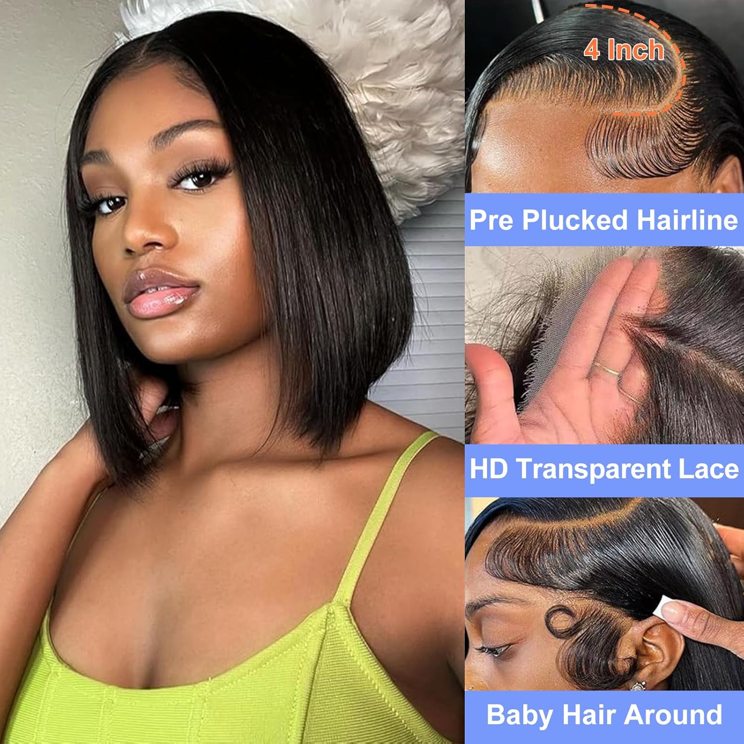 Bob Wig Human Hair 180% Density 13x4 HD Transparent Lace Front Wigs Human Hair Pre Plucked Short Bob Glueless Straight Wigs Human Hair for Women Natural Black 10 Inch - Image 2