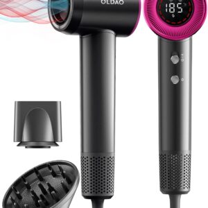 Hair Dryer, 160000 RPM High-Speed Brushless Motor for Fast Drying, 600 Millions Negative Ionic Blow Dryer with HD Display, Low Noise Thermo-Control Hair Dryer with Diffuser and Nozzle