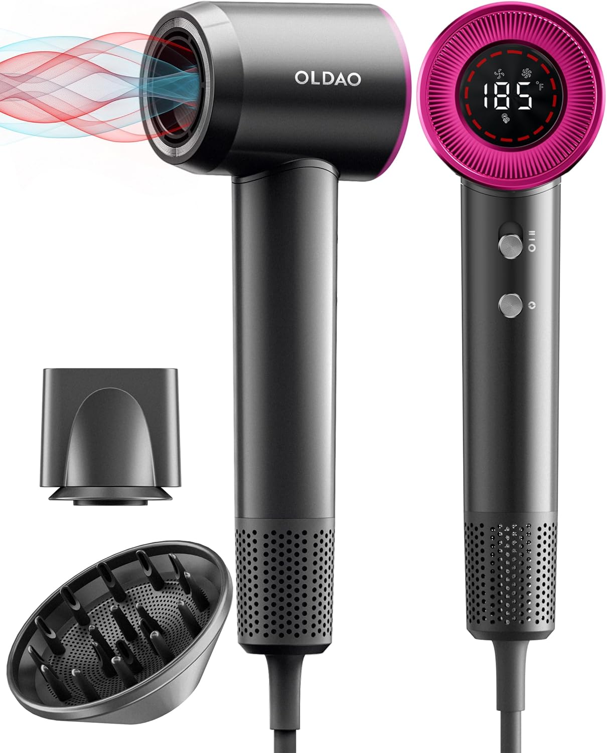 Hair Dryer, 160000 RPM High-Speed Brushless Motor for Fast Drying, 600 Millions Negative Ionic Blow Dryer with HD Display, Low Noise Thermo-Control Hair Dryer with Diffuser and Nozzle