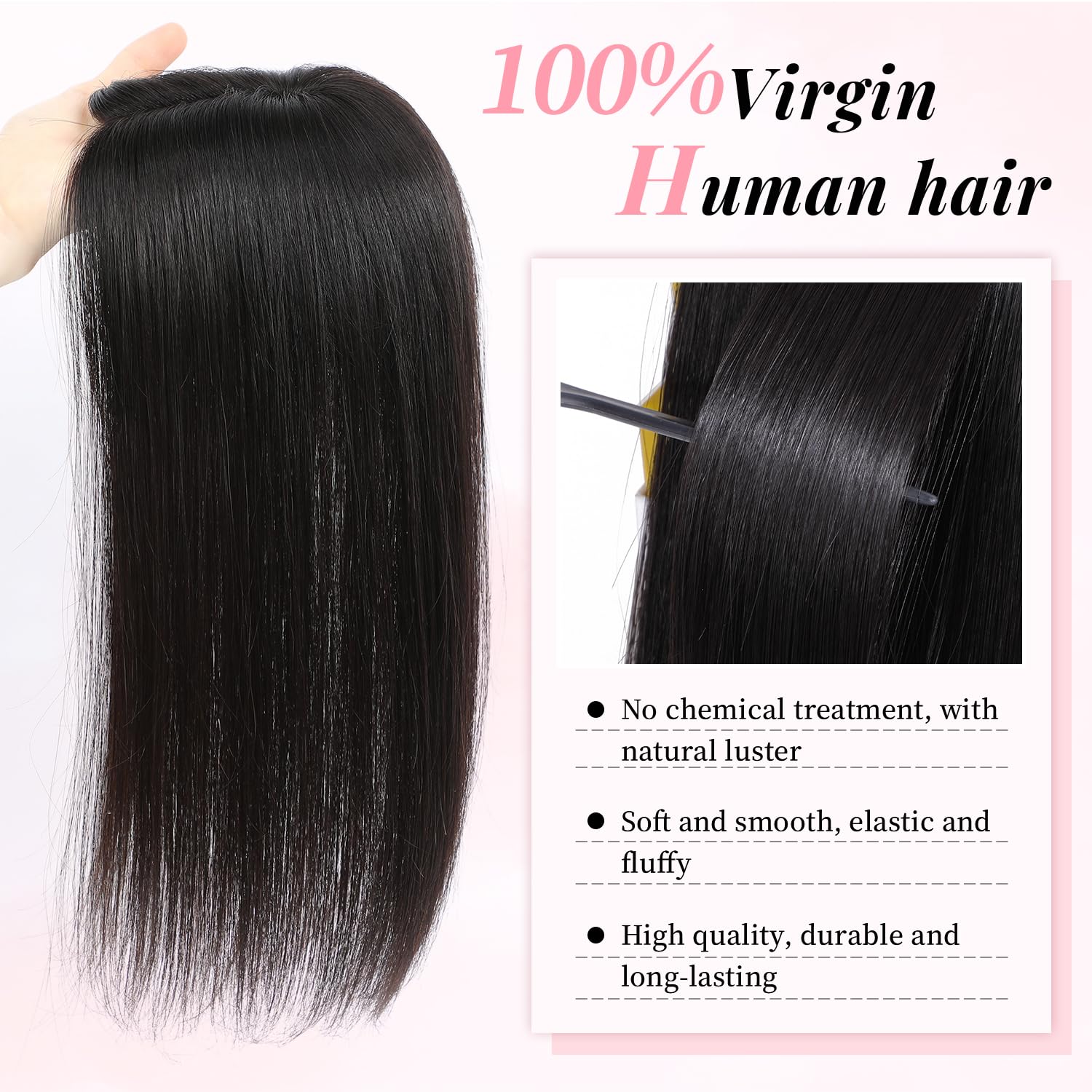 Fine Plus 14Inch Hair Toppers for Women Real Human Hair – Mono Base 3"x5", Natural Black Virgin Quality, for Thinning Crown & Wide Parting, Lightweight & Breathable, Add Volume Can Be Curled - Image 2