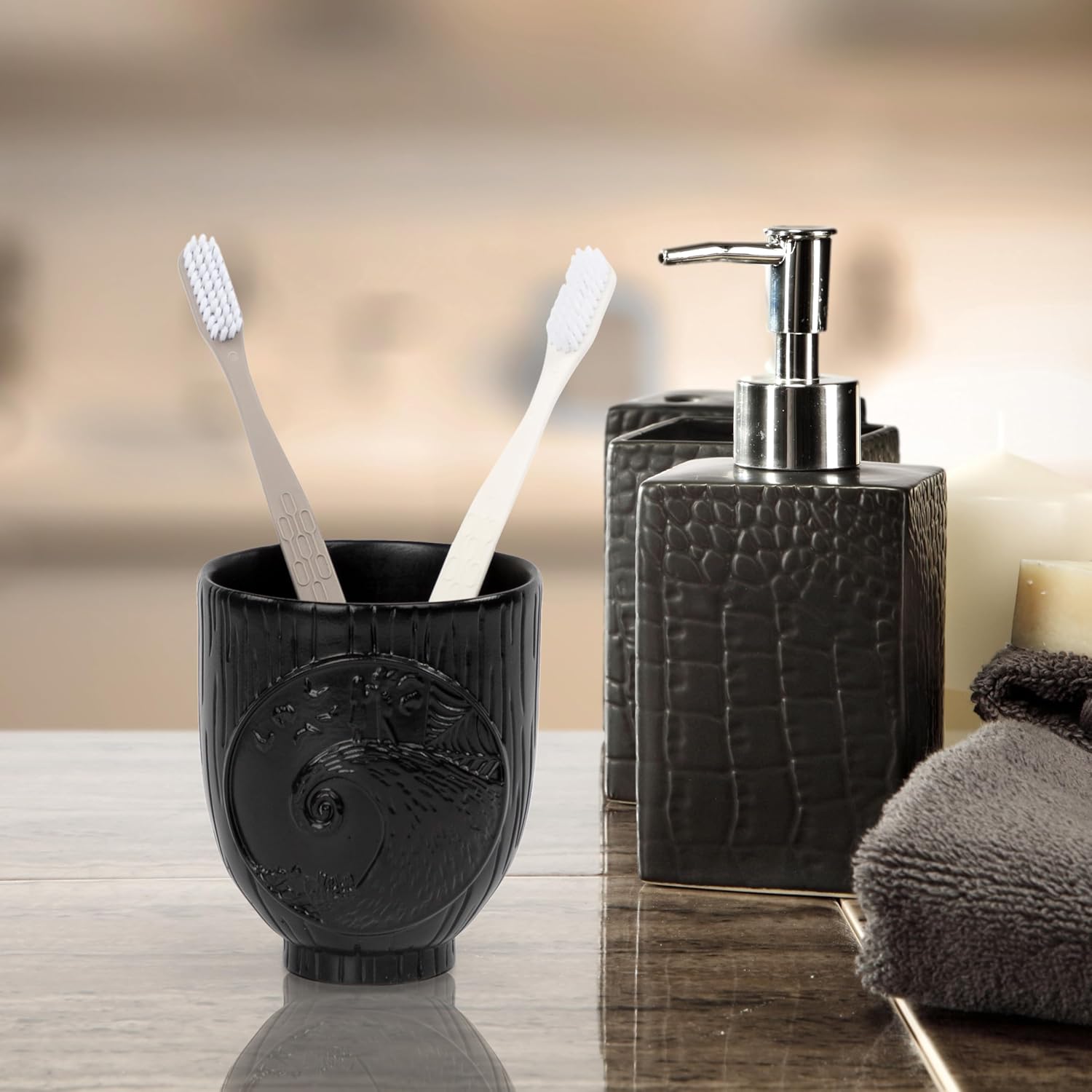 Jay Franco Disney Nightmare Before Christmas Tumbler - Black Resin Toothbrush/Pen Holder Features Jack & Sally - Bathroom Décor - Image 3