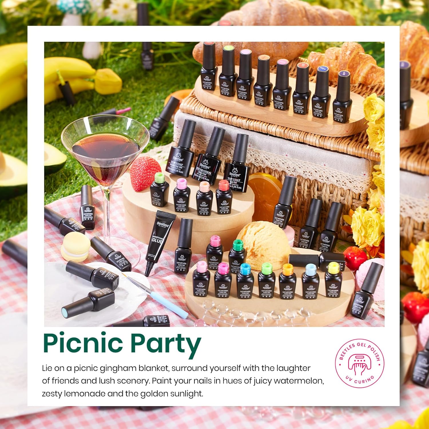 Beetles Gel Nail Polish Set-36 Colors Rainbow Nails Neon Juicy Picnic Party Collection & Rhinestone Gel Nail, 46Pcs Fruit Bubbles Nails Blue Green Pink Color with Top Base Coat Liner Brush - Image 3