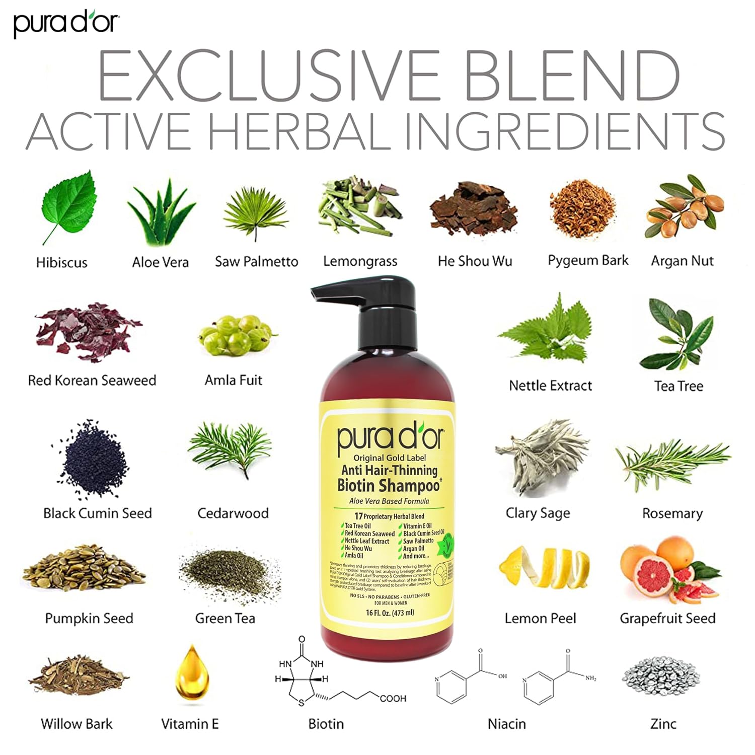 PURA D'OR 16 Oz Original Gold Label Anti-Thinning Biotin Shampoo Natural Earthy Scent, CLINICALLY TESTED Effective Results, Herbal Hair Thickening Products, 3-1 Wash, Women & Men, Color Treated Hair - Image 4