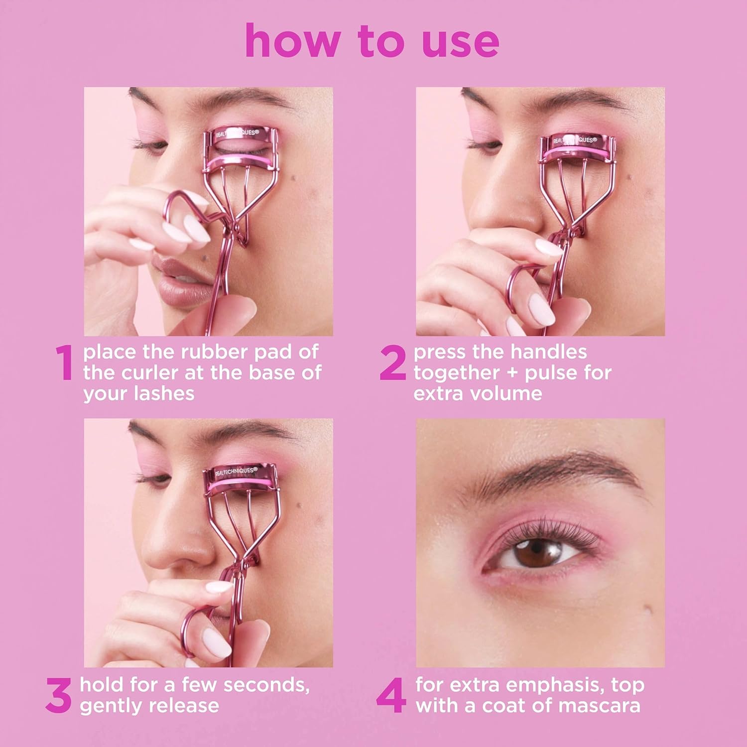 Real Techniques Miracle Eyelash Curler, Gentle Lash Tool for Lifted Lashes, Use with Mascara for Extra Volume, Travel-Size Lash Curler, Comfort Grip & Pinch-Free Design, Pink, Cruelty-Free, 1 Count - Image 3