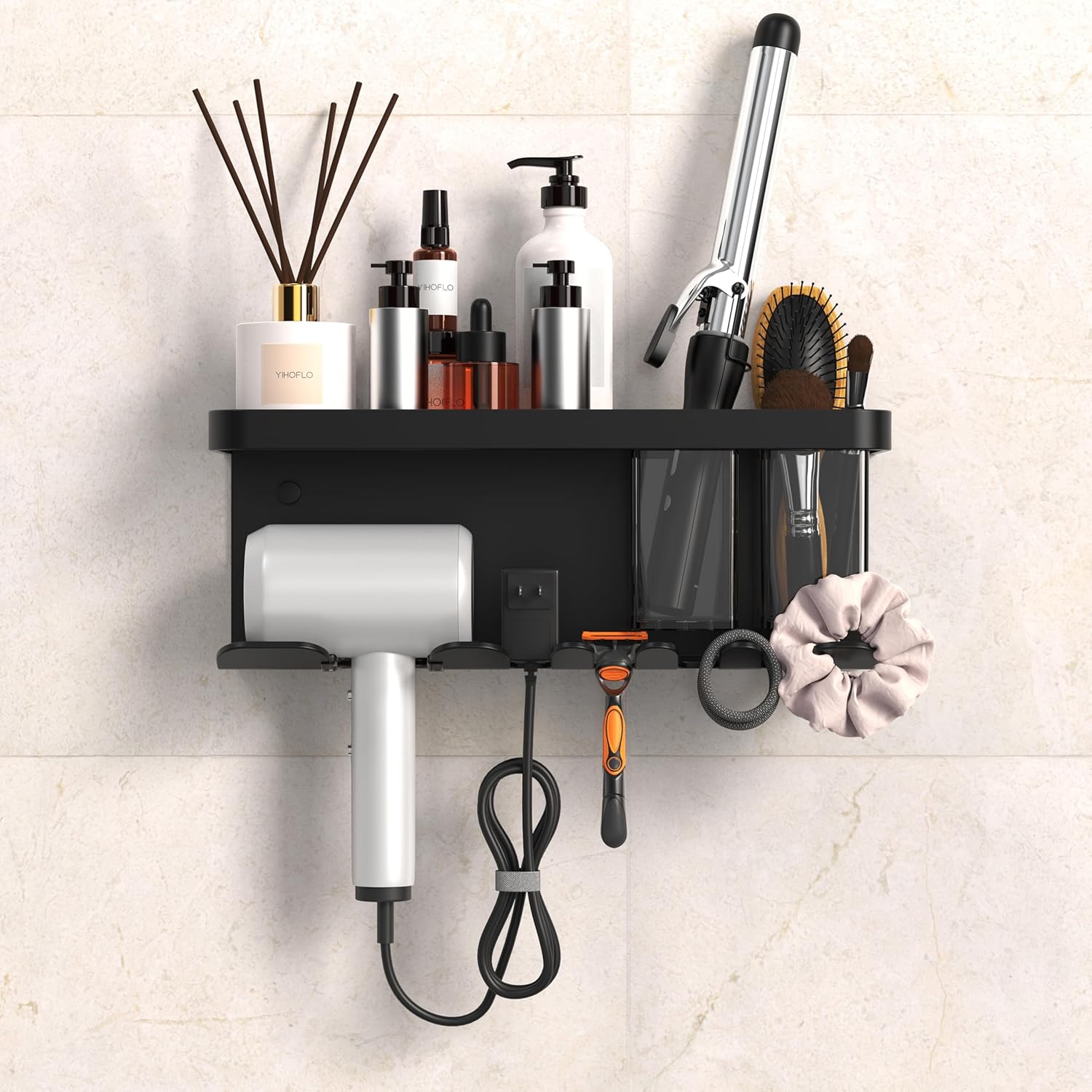 Wall Mounted Hair Dryer Holder - Storage Organizer with Shelf & Hooks for Bathroom, Blow Dryer Rack (Black) - Image 9