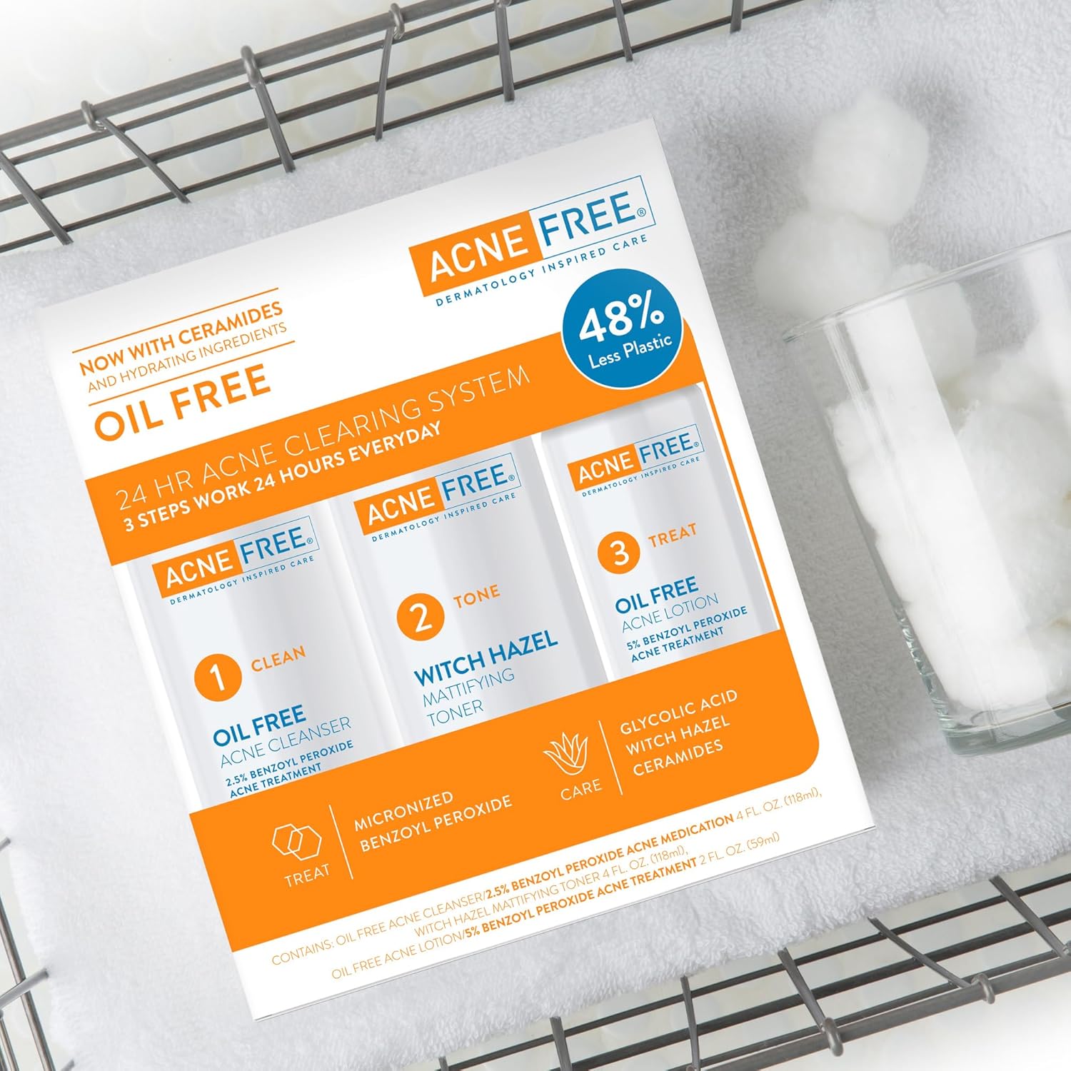Acne Free 3 Step 24 Hour Acne Treatment Kit - Clearing System W Oil Free Acne Cleanser, Witch Hazel Toner, & Oil Free Acne Lotion - Acne Solution W/ Benzoyl Peroxide for Teens and Adults - Original - Image 5