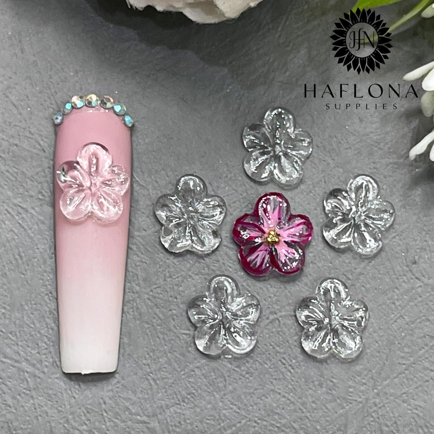 Set 10Pcs -Clear -Gel 3D -Flowers -Nails -Charms Plain No Rhinestone Gems Handmade by Gel, Design For Medium & Long Nail, 3D Flower Nail Art Floral Salon Decor For Women(Medium, ApricotBlossom Clear) - Image 2