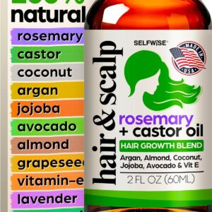 Organic Rosemary Oil For Hair Growth with Castor, Argan, Coconut, Almond, Jojoba, Avocado, Grapeseed, Vitamin E, Lavender & Peppermint for Hair & Scalp Treatment, All Hair Types, Men & Women 2oz