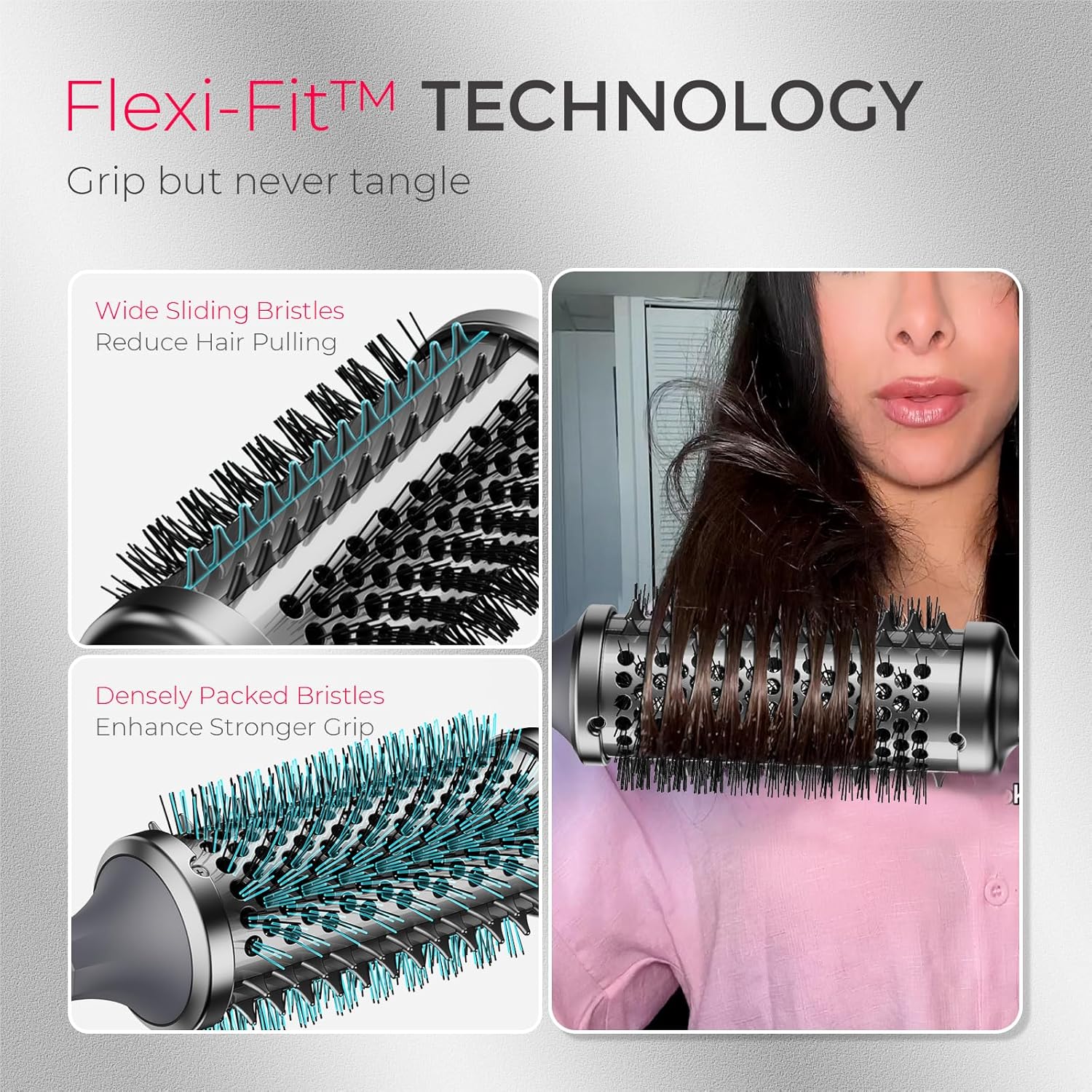 TYMO Thermal Brush Curling Brush - STYLUX 1.7 Inch Blowout Volumizer with Flexi-Fit for Hair Straightening, Heated Round Styler Tool, Hair Straightener and Curler 2 in 1, Dual Voltage, Metallic Gray - Image 3