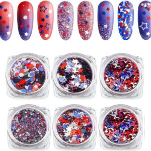 Independence Day Star Glitter 4th of July Nail Art Sequins,6 Boxes Holographic Nail Decals Mixed Star Hollow Hexagon Circles Confetti Shaped for Women Girls Face Body Nail Decoration