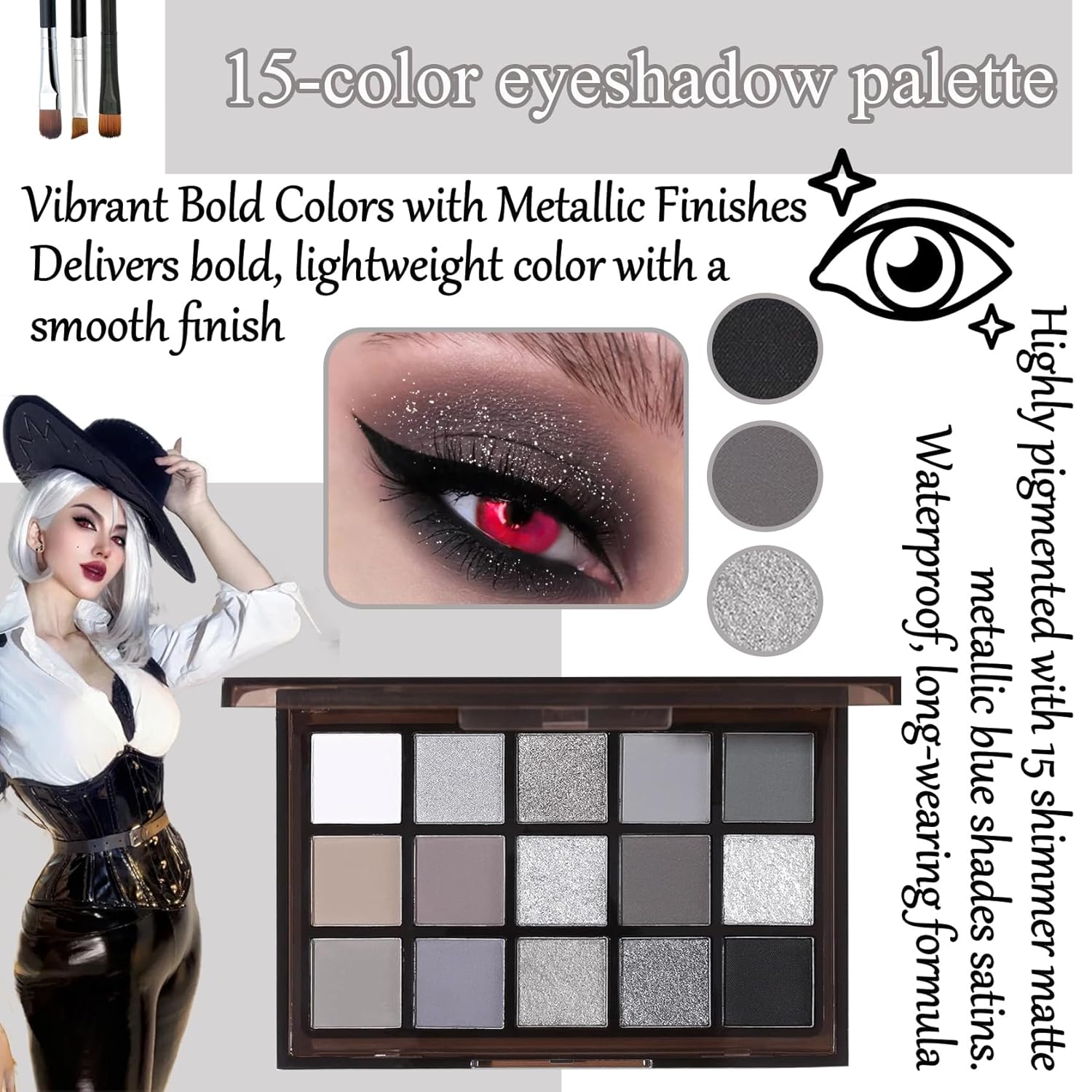 Black Grey Smoky Eyeshadow Palette,15 Colors Matte Shimmer Pigmented Eye Shadow Makeup Palette Set with 3 Eyeshadow Brushes,Glitter Eyeshadow Makeup Palette for Daily Halloween Goth Makeup(A) - Image 3