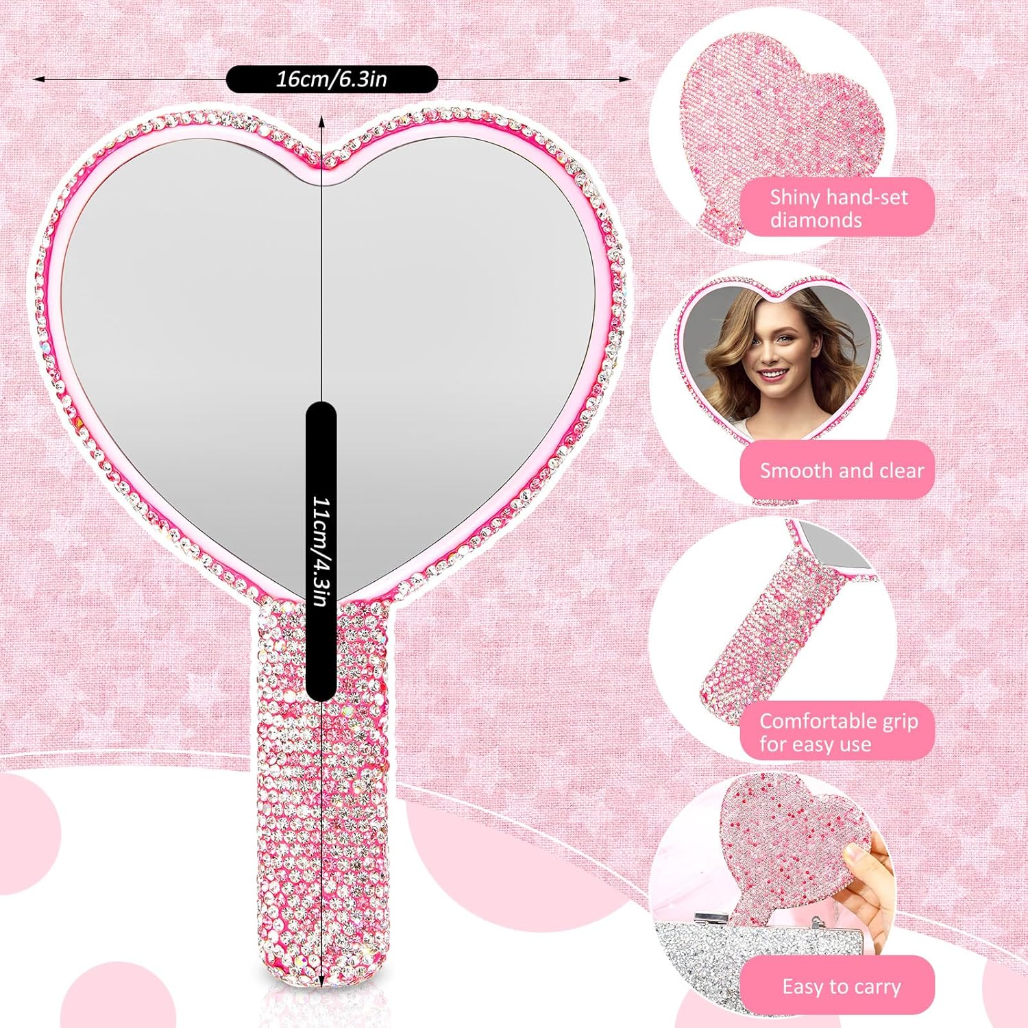 Thyle 4 Pcs Rhinestone Handheld Mirror and Bling Hair Brush Set 2 Cute Heart Shaped Mirror 2 Wet and Dry Hair Brush for Women, Girls Bride, Bridesmaid Gift(Pink) - Image 2