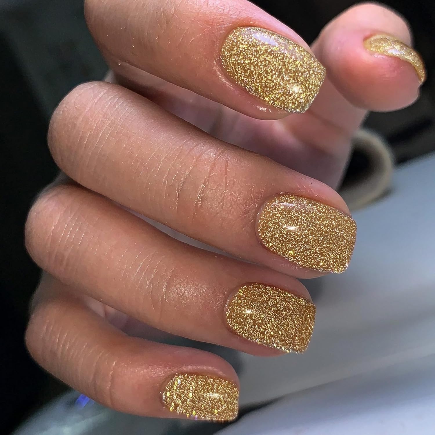 KQueenest Light Gold Glitter Press on Nails, Short Square Acrylic False Nails with Designs, 24 Pcs Set - Image 2