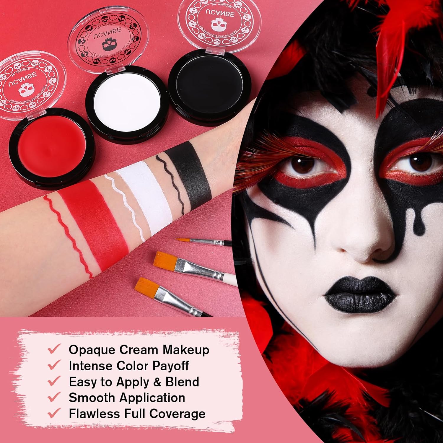 Goth White Foundation + Black Red Face Body Paint for Halloween Makeup, Face Painting Kit with Brushes Facepaint Set for Kids Adults Clown Vampire Skull SFX Make Up Costume Cosplay Party Theater Stage - Image 2