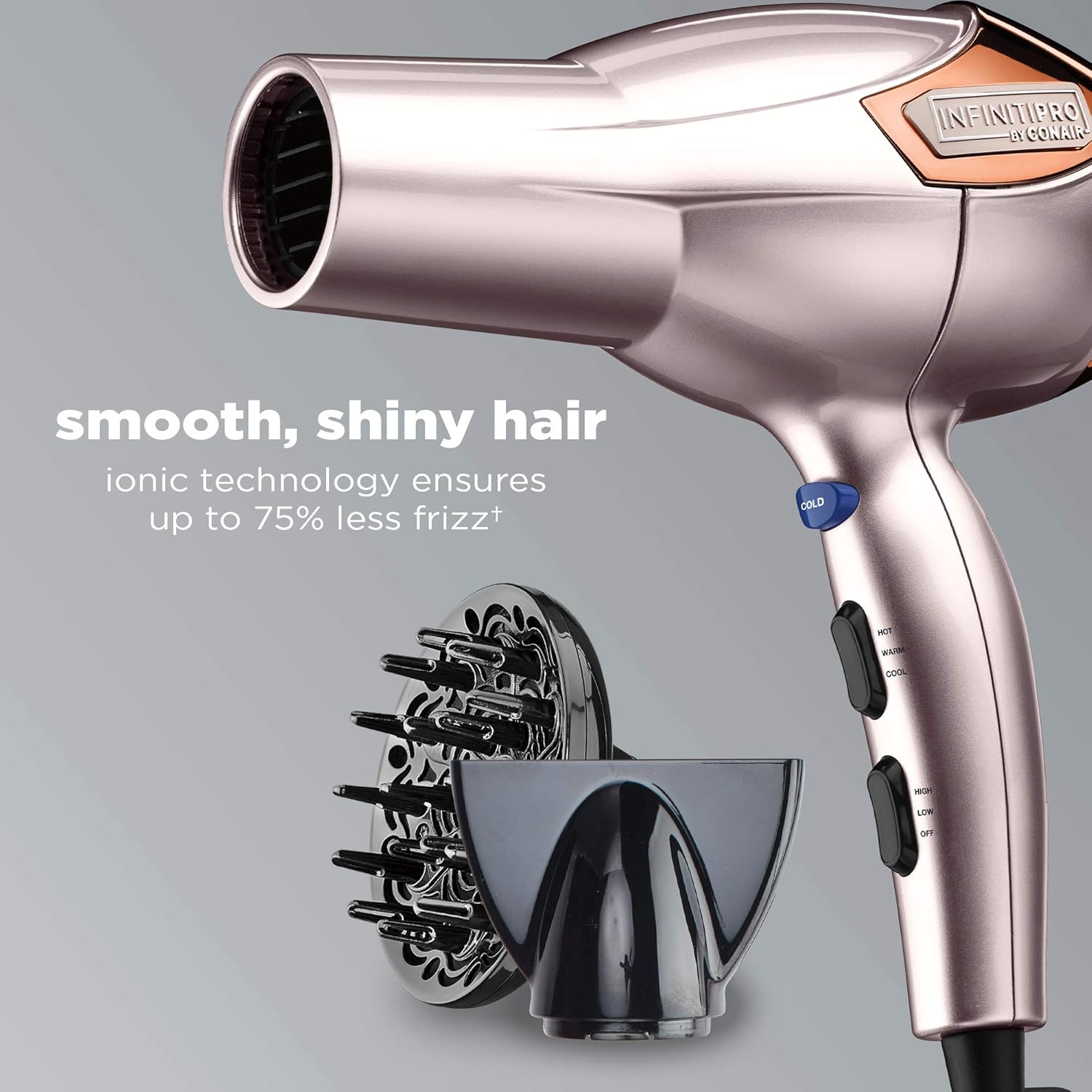 INFINITIPRO BY CONAIR Hair Dryer with Diffuser | Volume and Shine Pro AC Motor Blow Dryer | Includes Diffuser and Concentrator | Rose Gold - Image 4