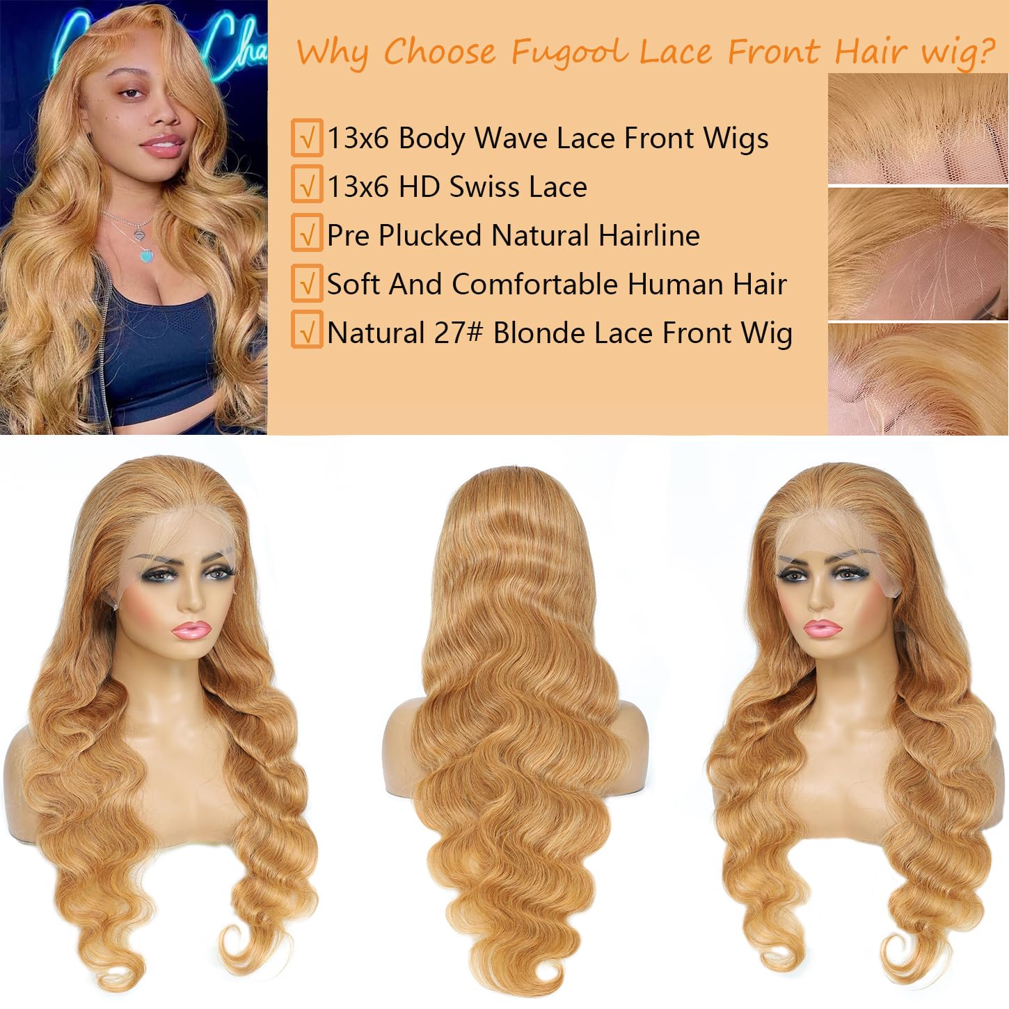 Honey Blonde Wig Human Hair 13x6 Body Wave Hd Lace Front Wigs Human Hair Pre Plucked 27# Colored Blonde Lace Frontal Wig 180% Density Real Hair Wavy Human Lace Front Wigs For Black Women 30Inch - Image 2