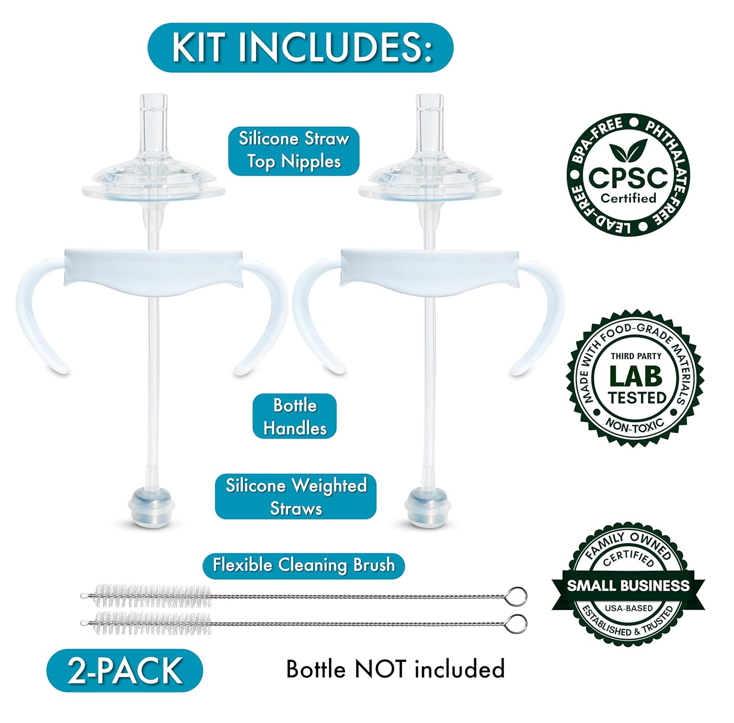 Straw Cup Conversion Kit for Philips Avent Natural Baby Bottles 2-Count, Food Grade Silicone Straw Nipples, Silicone Weighted Straw, Bottle Handles, Cleaning Brush, BPA-Free, 6+ Months (Straw Top) - Image 2