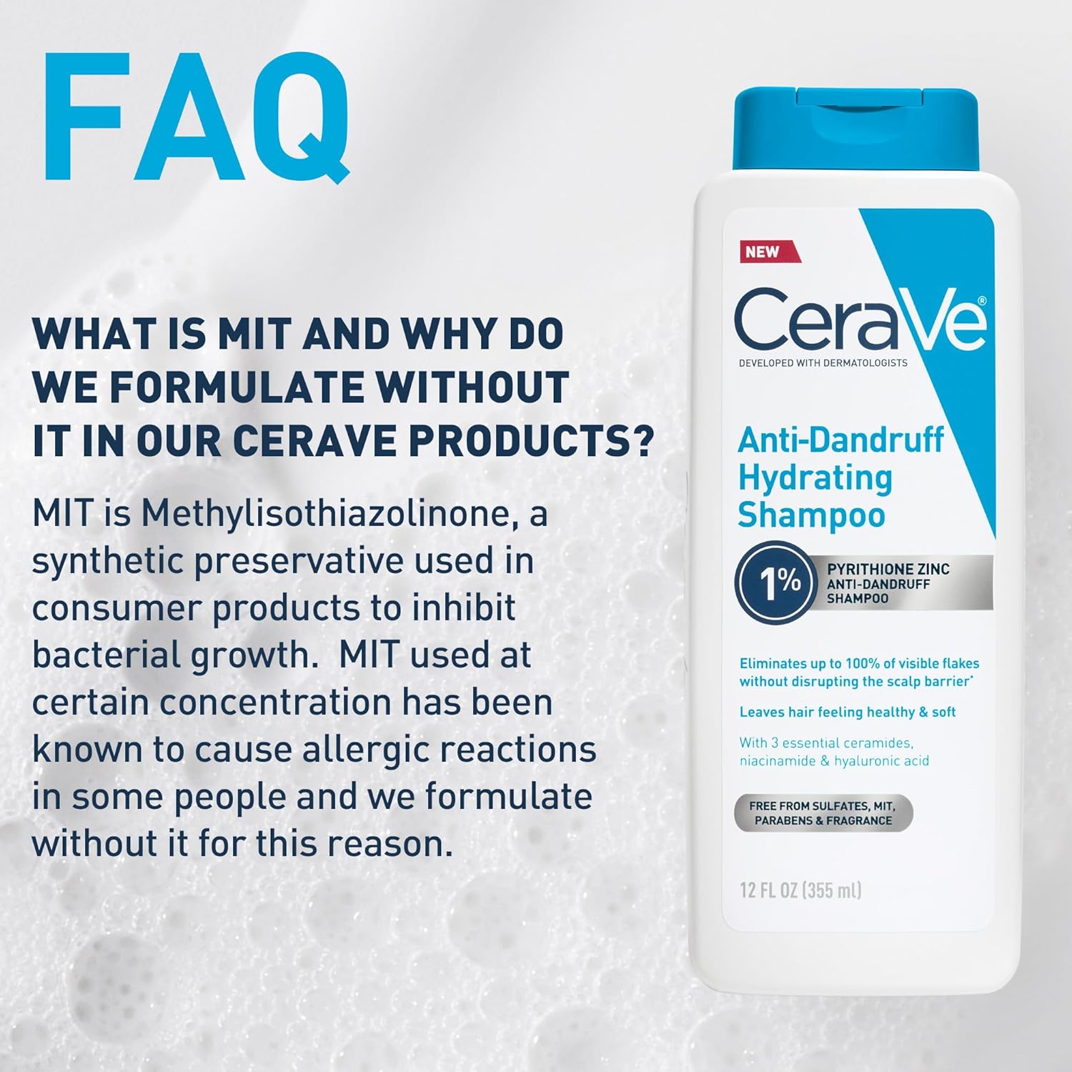 CeraVe Hydrating Anti Dandruff Shampoo, 1% Pyrithione Zinc Dandruff Treatment With Ceramides, Niacinamide & Hyaluronic Acid, Helps Eliminate Flakes & Provides Itchy Scalp Relief, Sulfate Free, 12 Oz - Image 7
