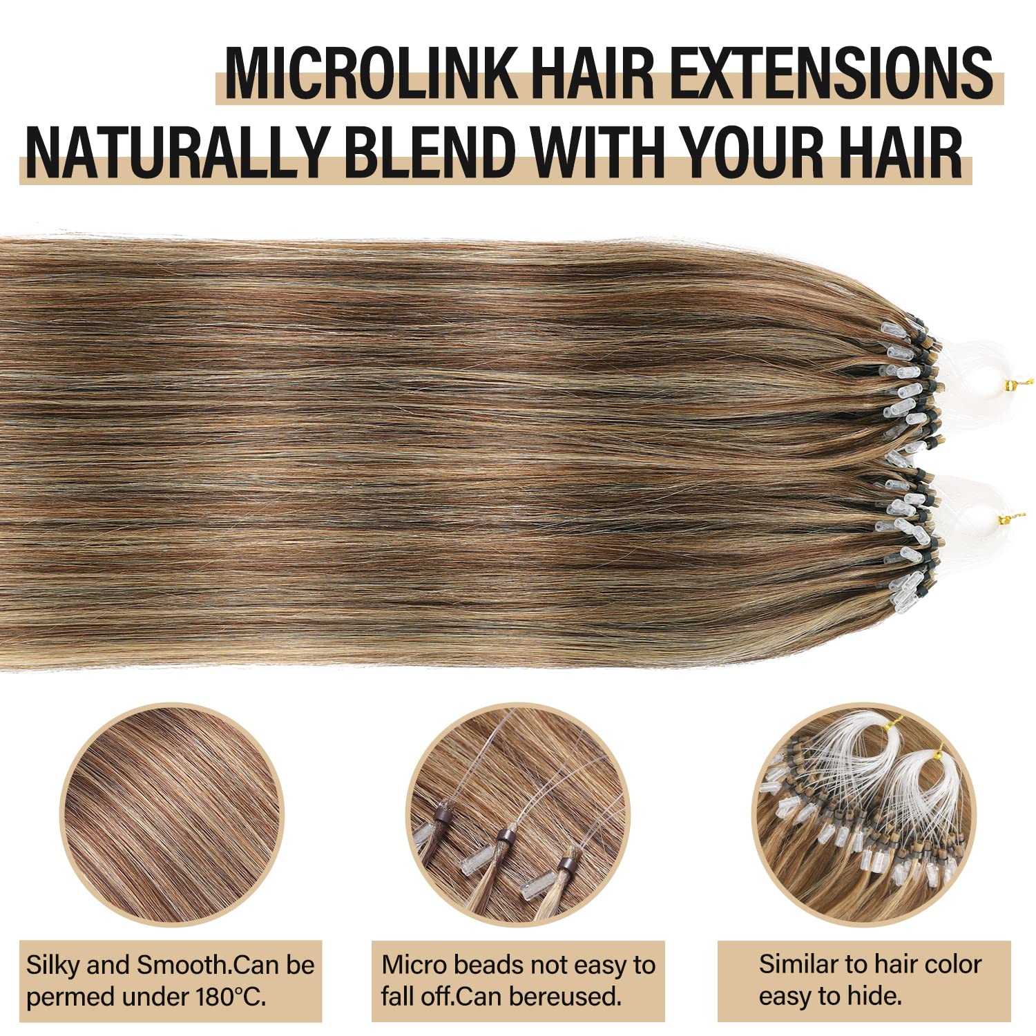 Sisily Micro Loop Human Hair Extensions Ombre Chocolate Brown Caramel Blonde Balayage 18 Inch Straight - Image 4