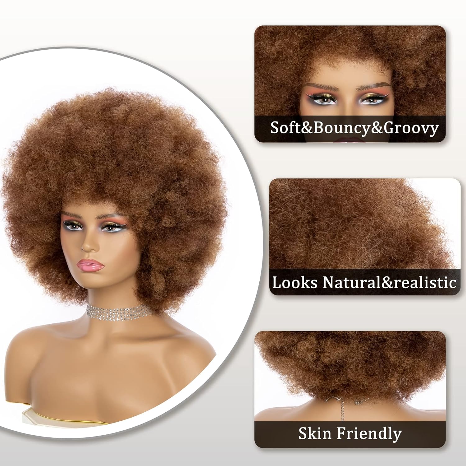 Afro Wig For Women - Mix Brown 70s Afro Wigs Natural Looking Huge Afro Kinky Curly Wigs With Bangs Short Bouncy Afro Curly Wig Soft Afro Puff Wig Synthetic Hair Afro Wig For Daily Party Use - Image 4