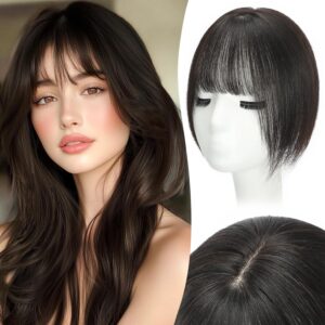 Hair Toppers for Women Real Human Hair, Upgrade Base Seamless 360° Cover 3D Wispy Clip in Bangs Toppers Hairpieces for Women with Thinning hair Dark Brown Short Topper
