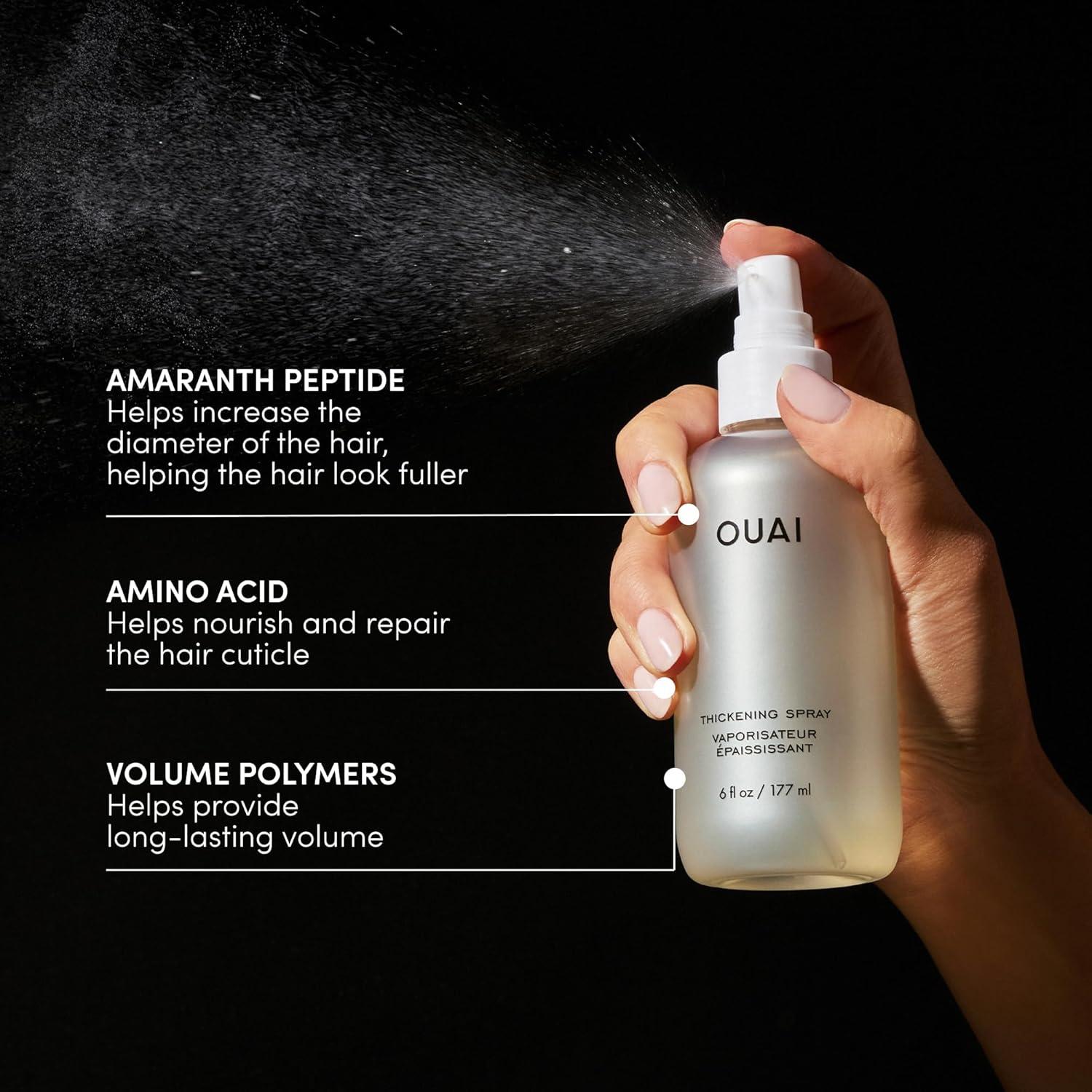 OUAI Hair Thickening Spray - Thickening & Volumizing Spray for Instantly Thicker, Fuller-Looking Hair - Protects, Strengthens & Repairs with Amaranth Peptide & Amino Acids (6 Fl Oz) - Image 7